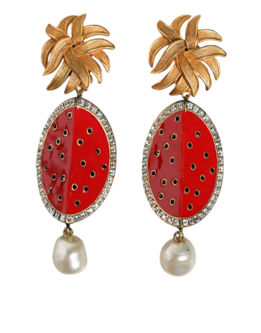 Dolce &amp; Gabbana Red Watermelon Gold Brass Crystal Clip riippuvat korvakorut