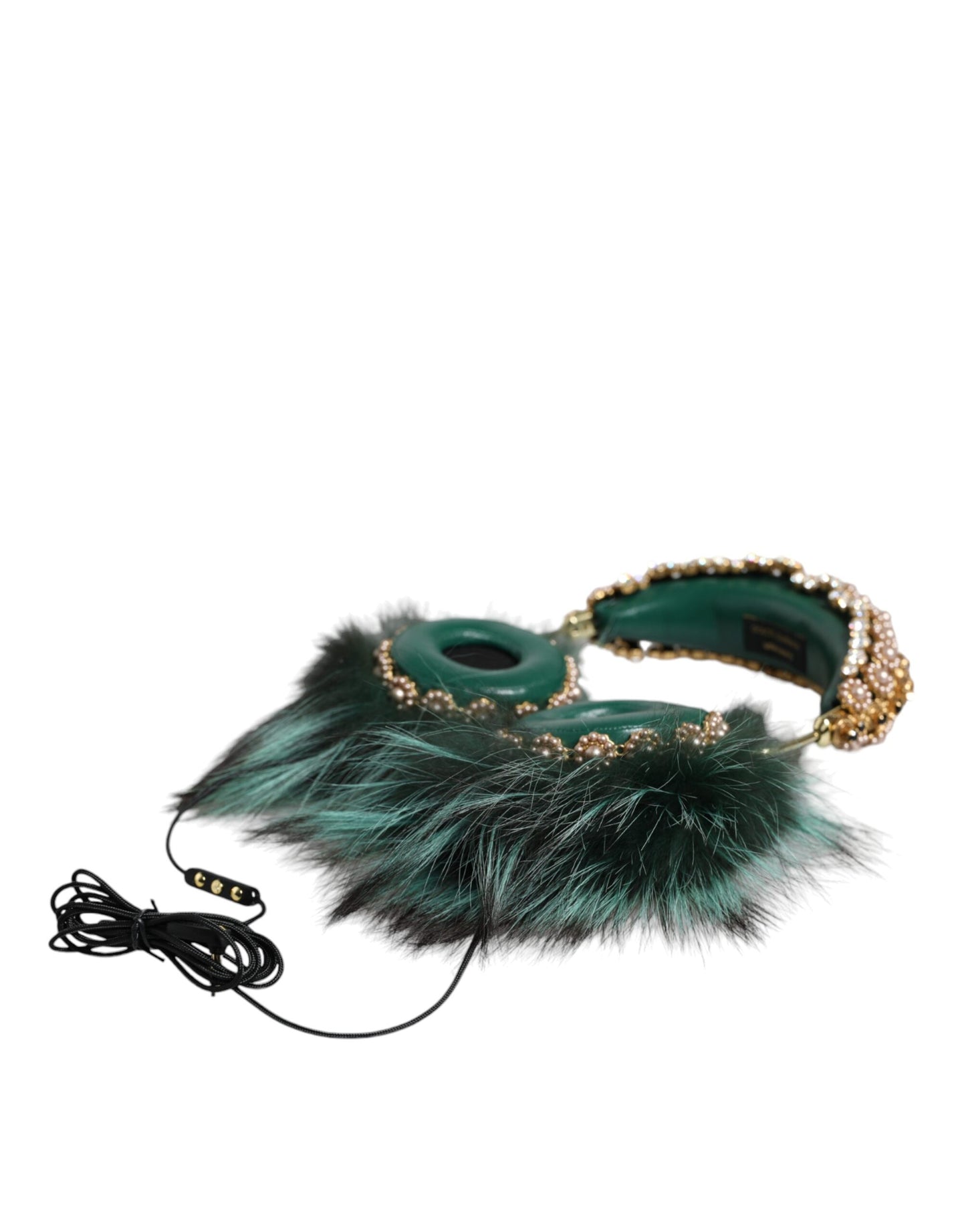 Dolce & Gabbana Grün Gold Kristall Pelz Headset Audio AUX Kopfhörer