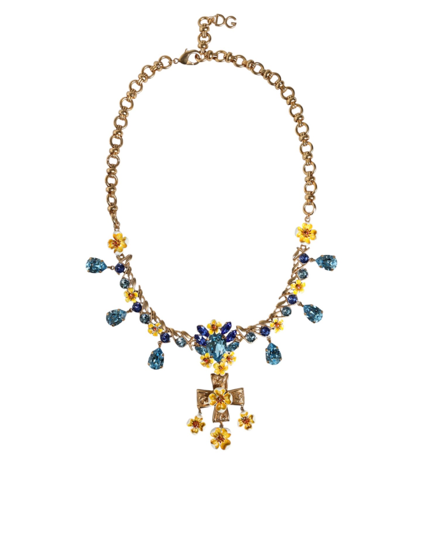 Dolce & Gabbana Gold Messing Kette Floral Kristall Kreuz Anhänger Halskette