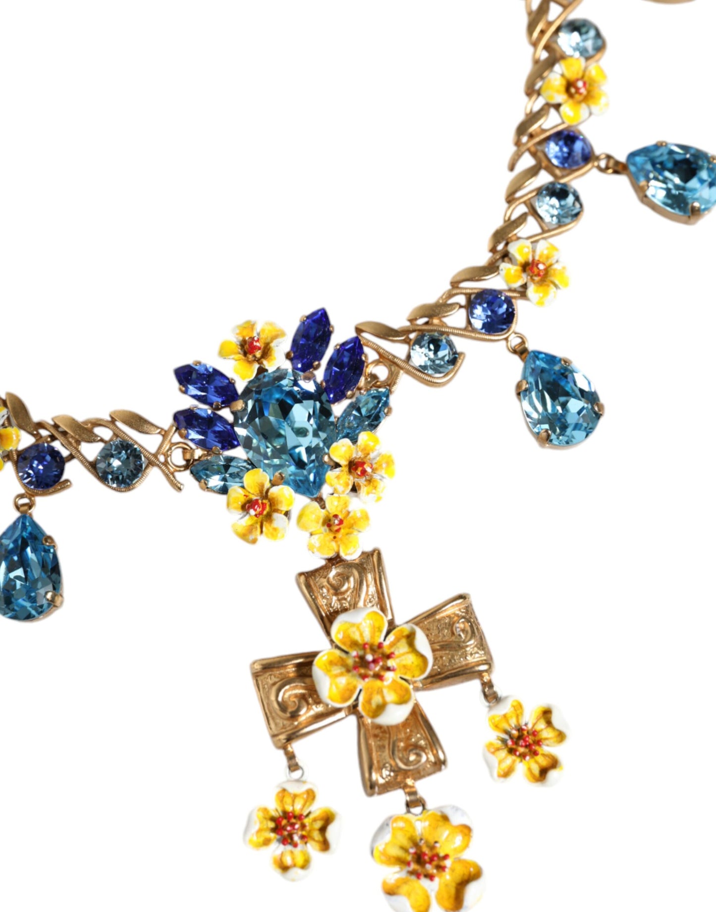 Dolce & Gabbana Gold Messing Kette Floral Kristall Kreuz Anhänger Halskette