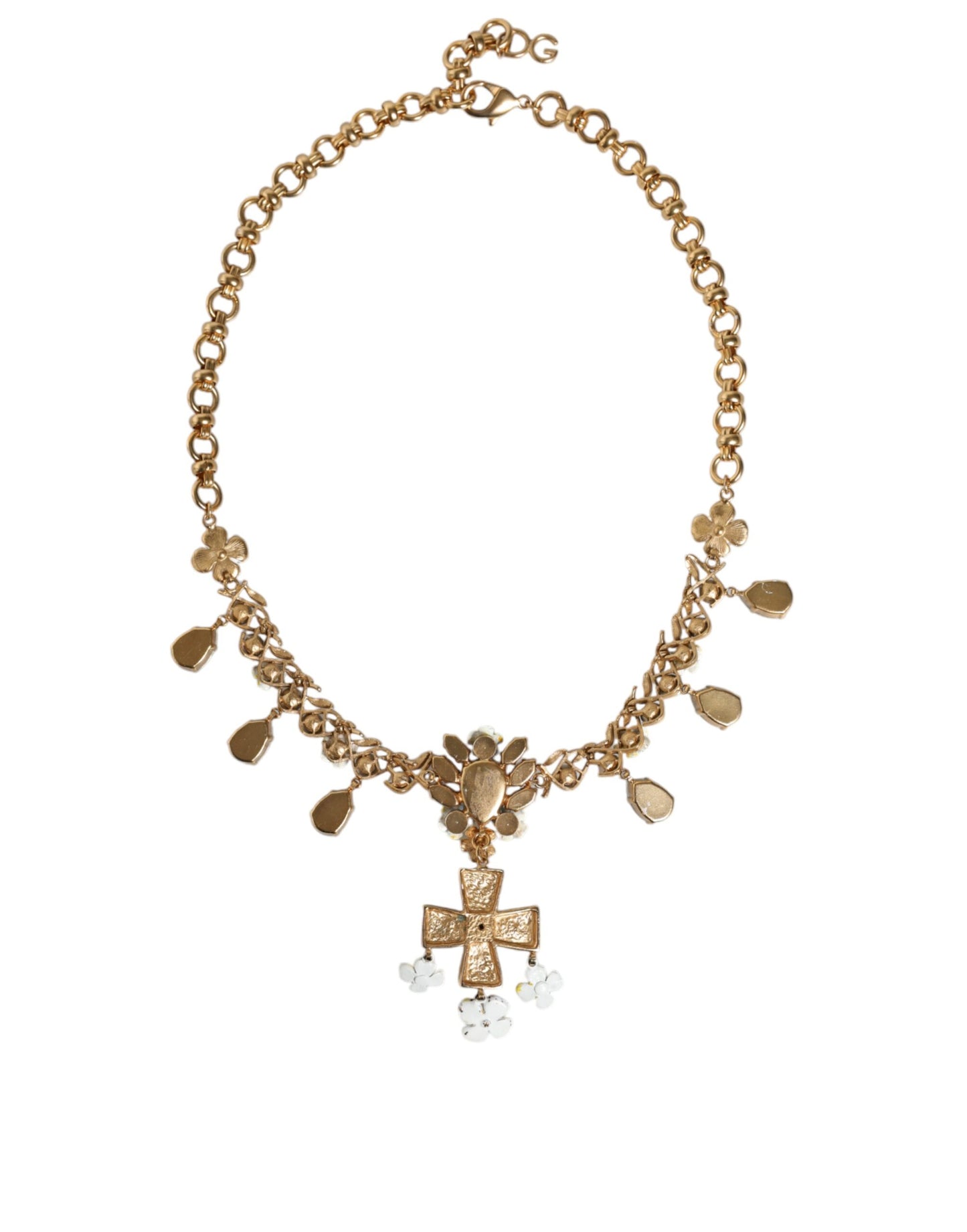 Dolce & Gabbana Gold Messing Kette Floral Kristall Kreuz Anhänger Halskette