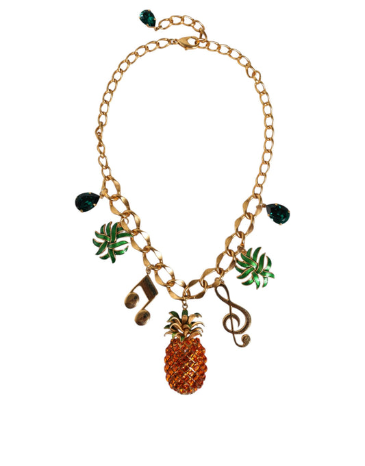 Dolce & Gabbana Gold-Ton Messing Kette Ananas Crystal Musical Halskette