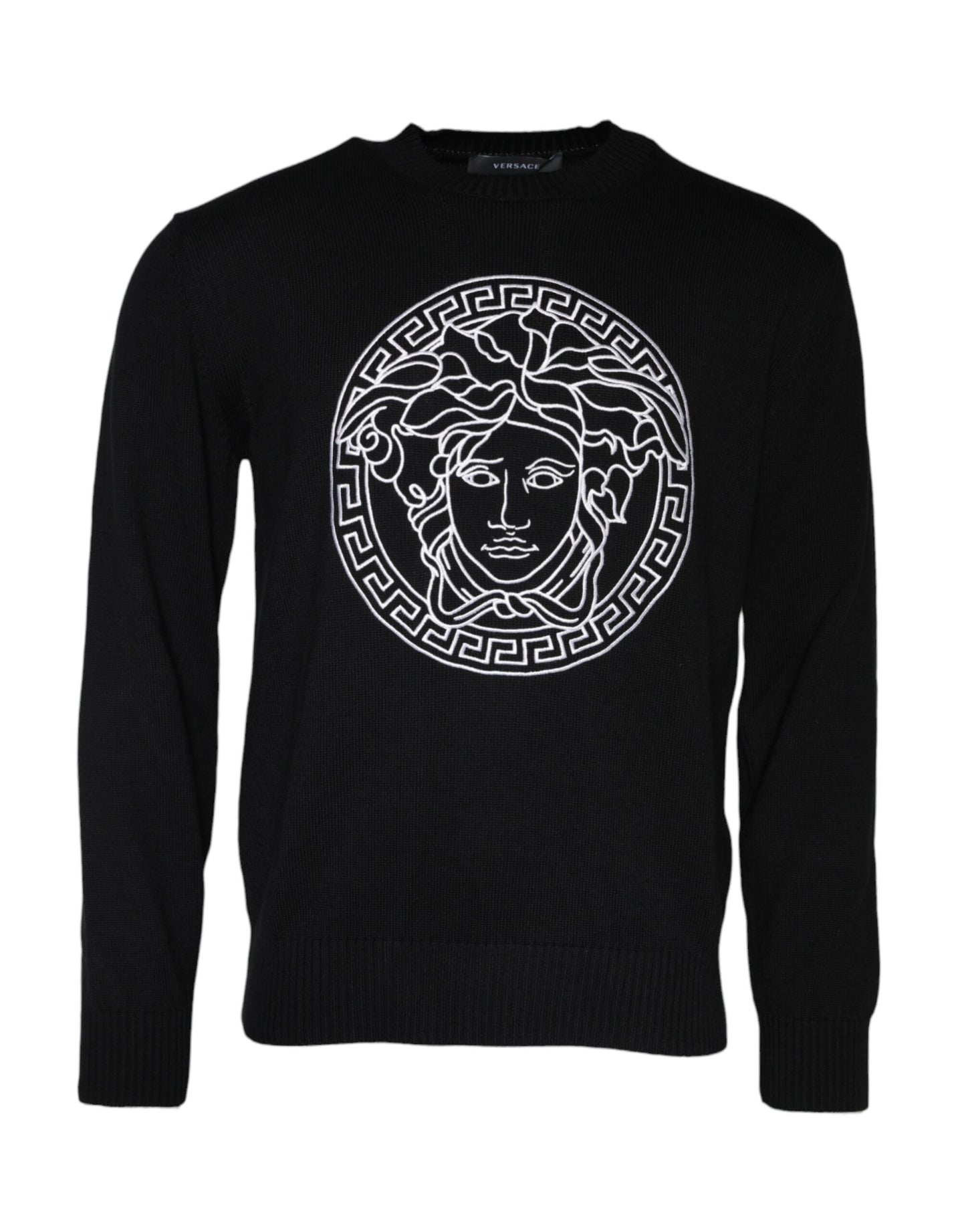 Versace Schwarzer Pullover mit Medusa-Stickerei und Rundhalsausschnitt