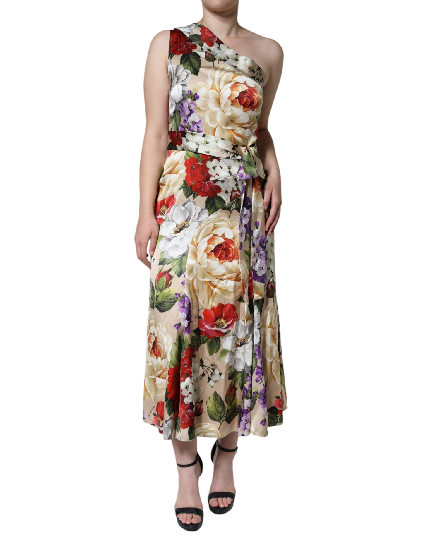 Dolce & Gabbana Multicolor Floral Silk Stretch One Shoulder Kleid