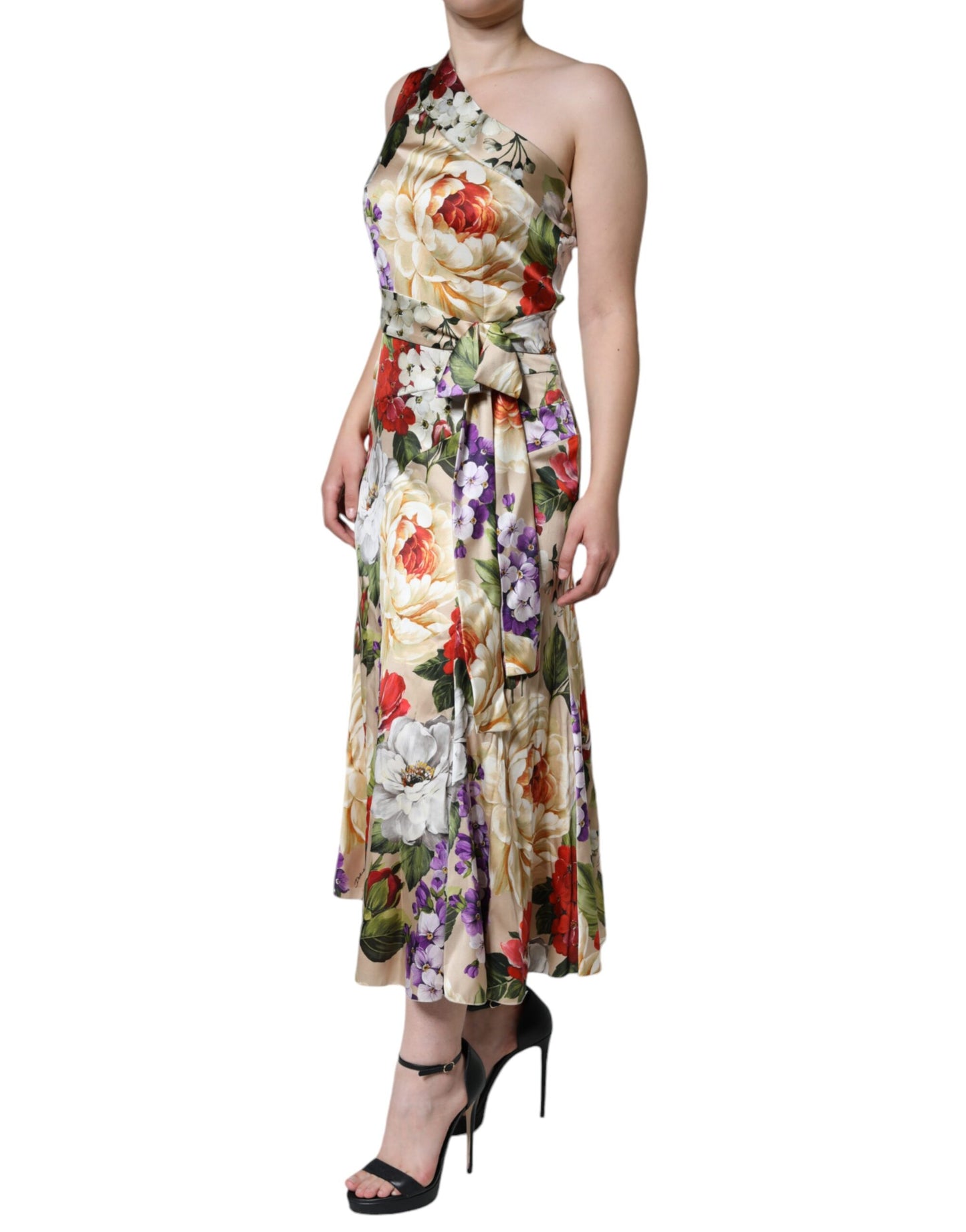 Dolce & Gabbana Multicolor Floral Silk Stretch One Shoulder Kleid