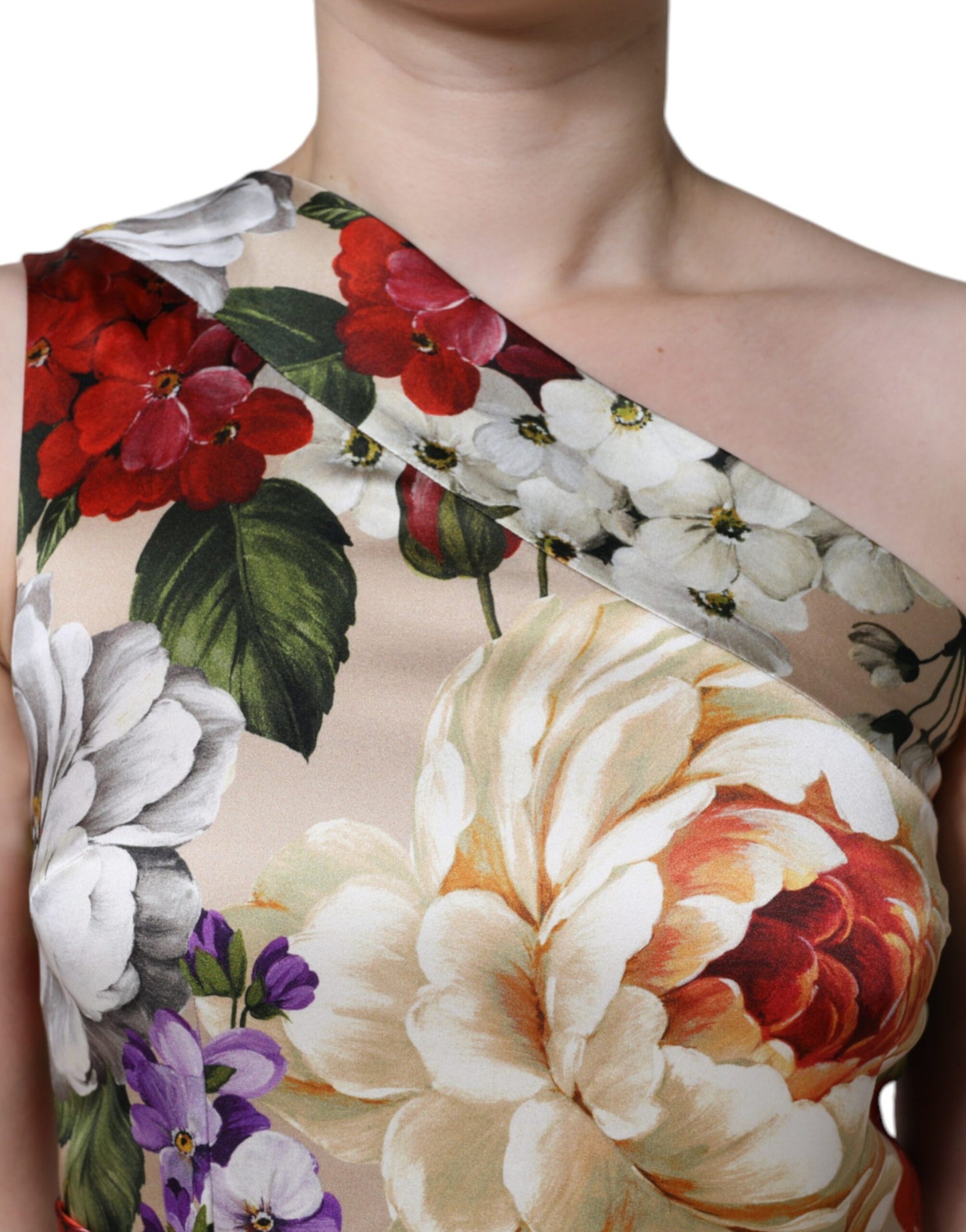 Dolce & Gabbana Multicolor Floral Silk Stretch One Shoulder Kleid