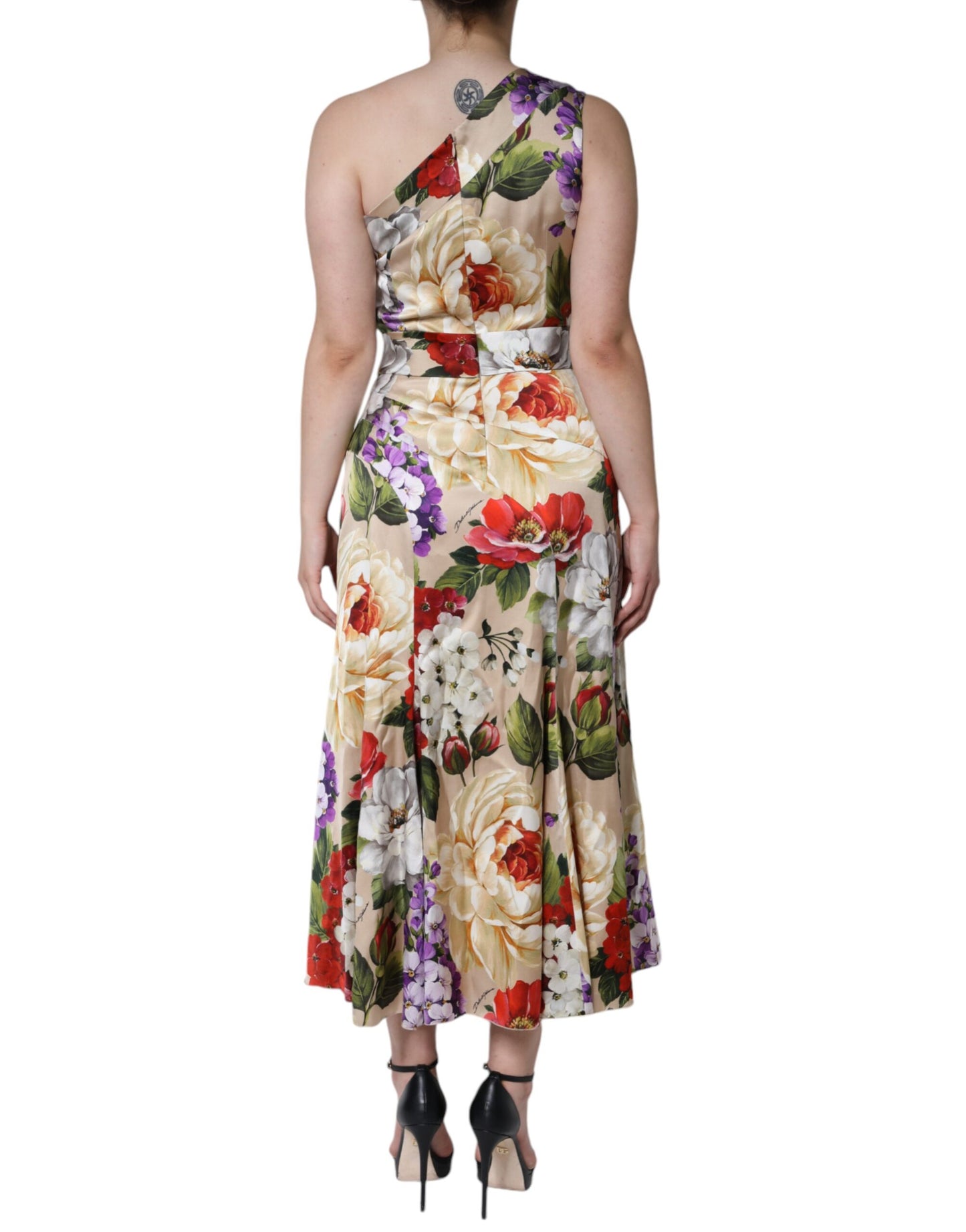 Dolce & Gabbana Multicolor Floral Silk Stretch One Shoulder Kleid