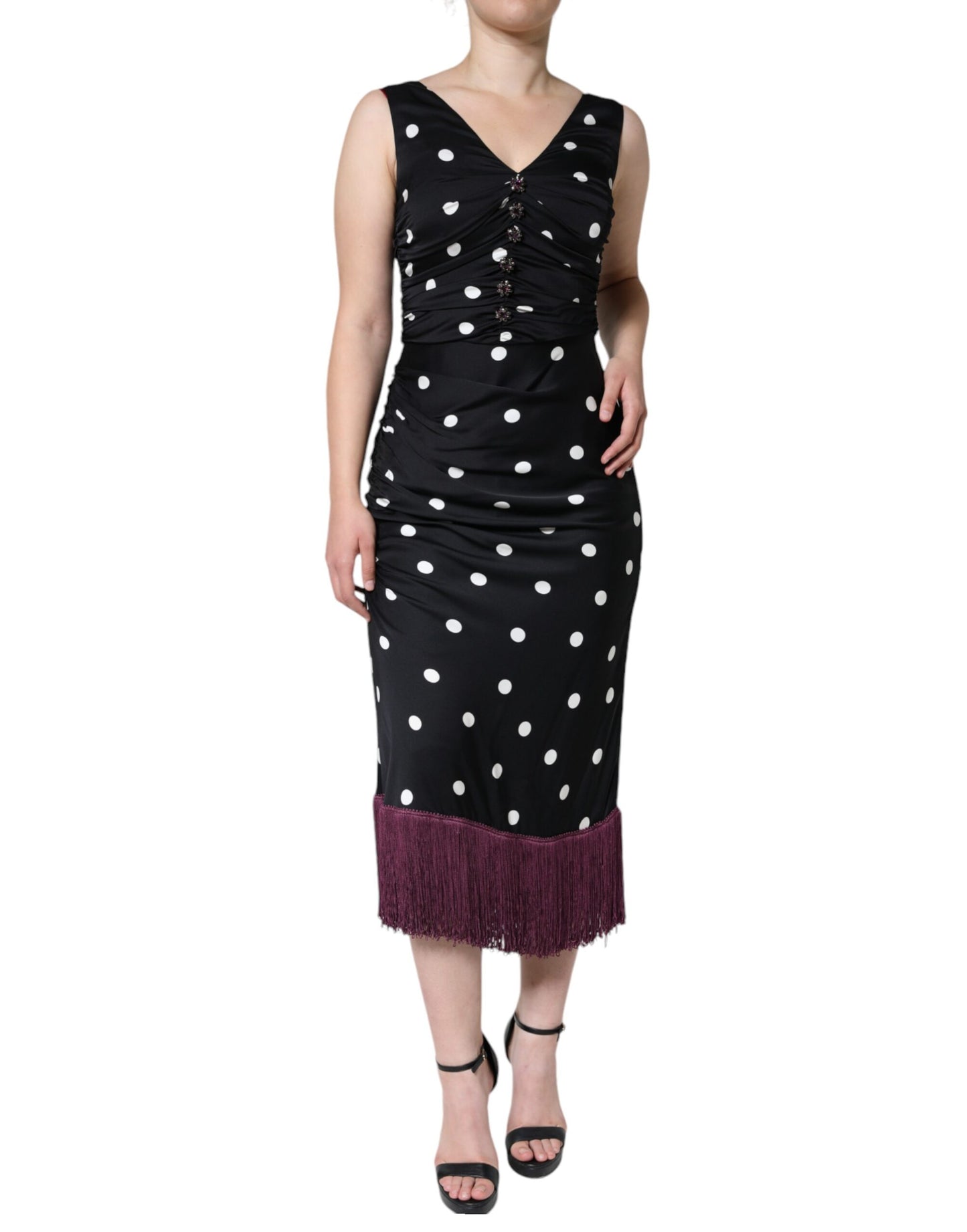 Dolce &amp; Gabbana Black Silk Polka Dot V-pääntie tupsu midi-mekko