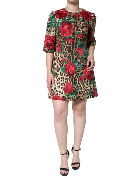 Dolce & Gabbana Braunes Leopardenkleid mit roten Rosen aus Baumwolle in A-Linie