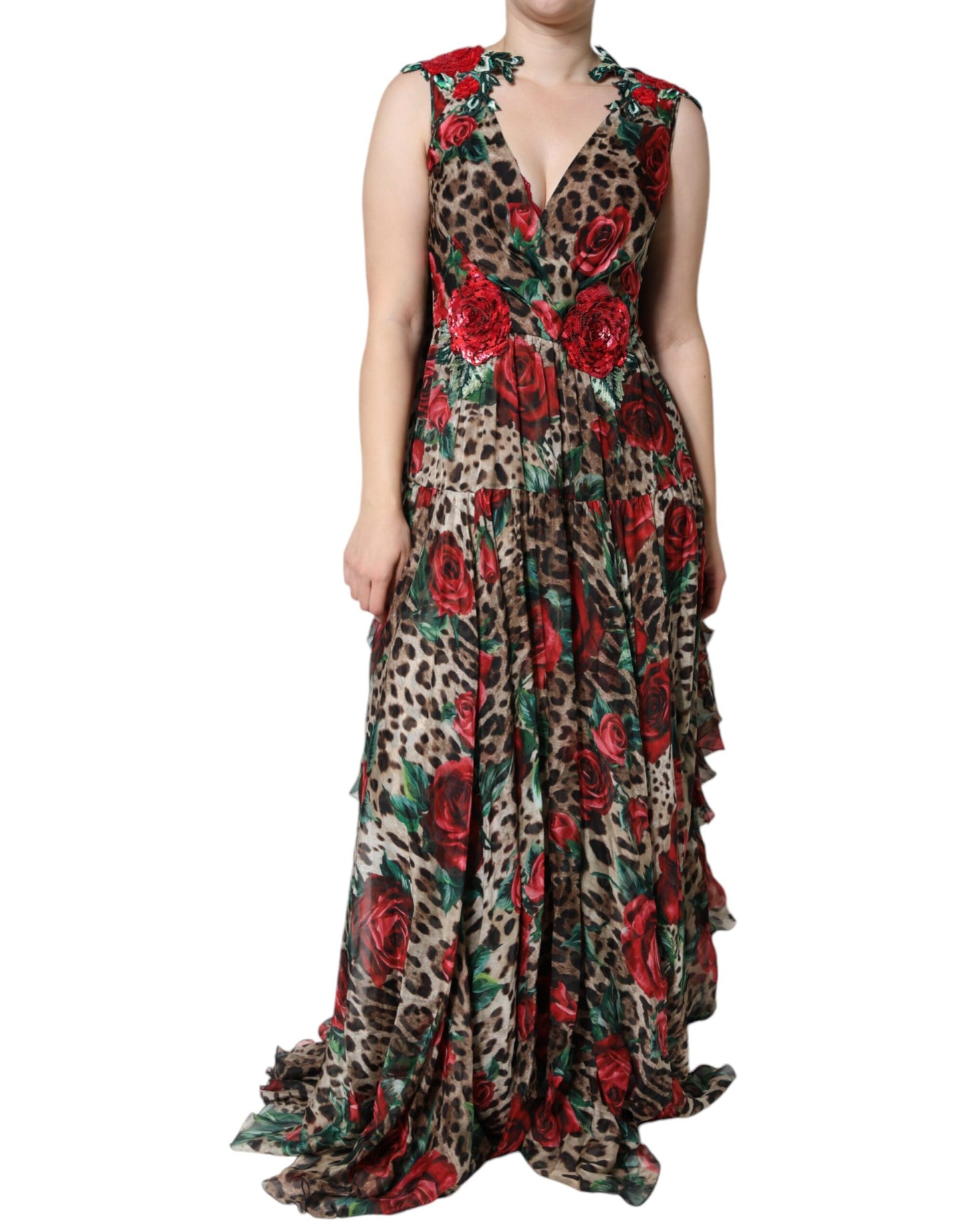 Dolce & Gabbana Brauner Leopard Rote Rosen Langes Seidenkleid