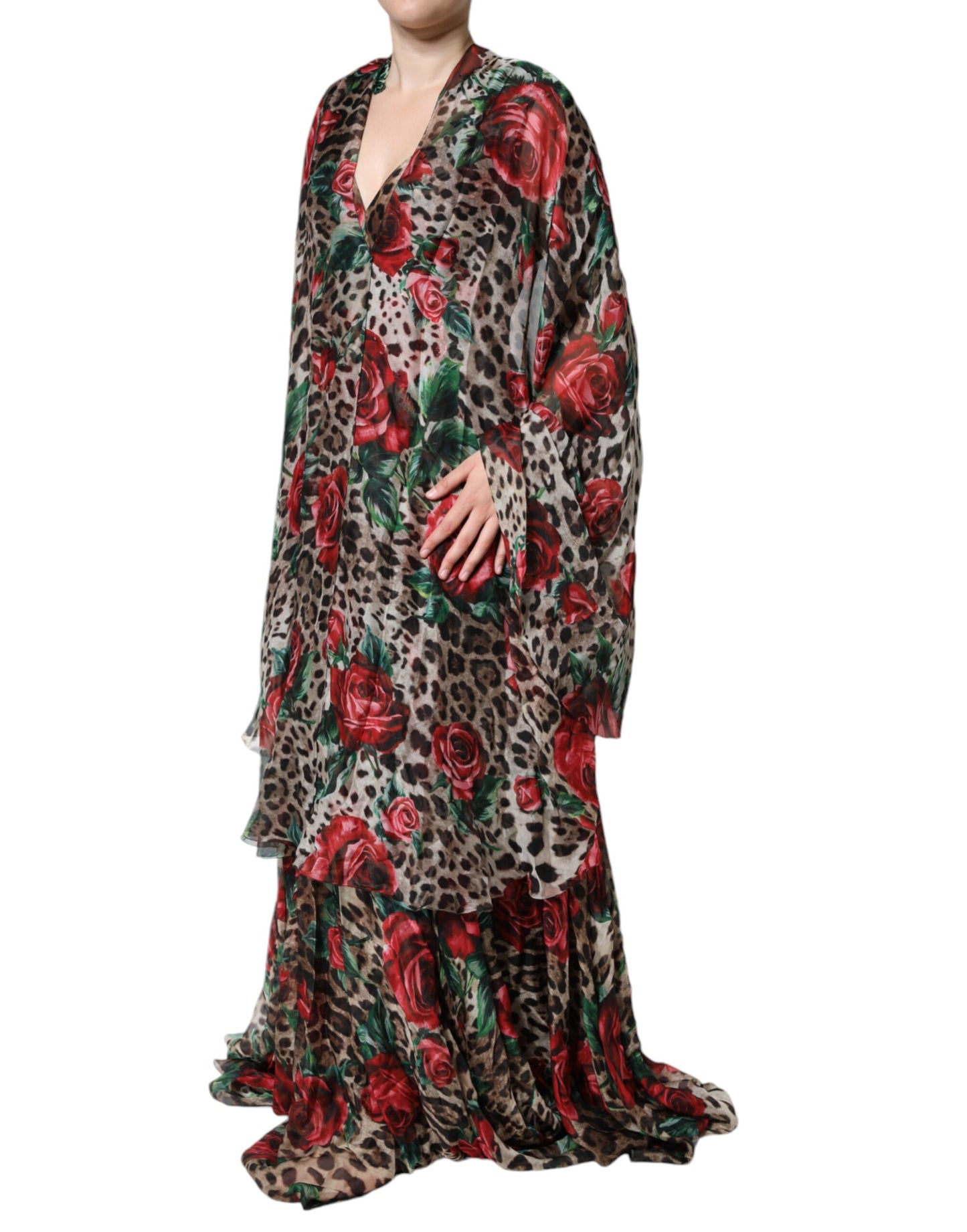 Dolce & Gabbana Brauner Leopard Rote Rosen Langes Seidenkleid