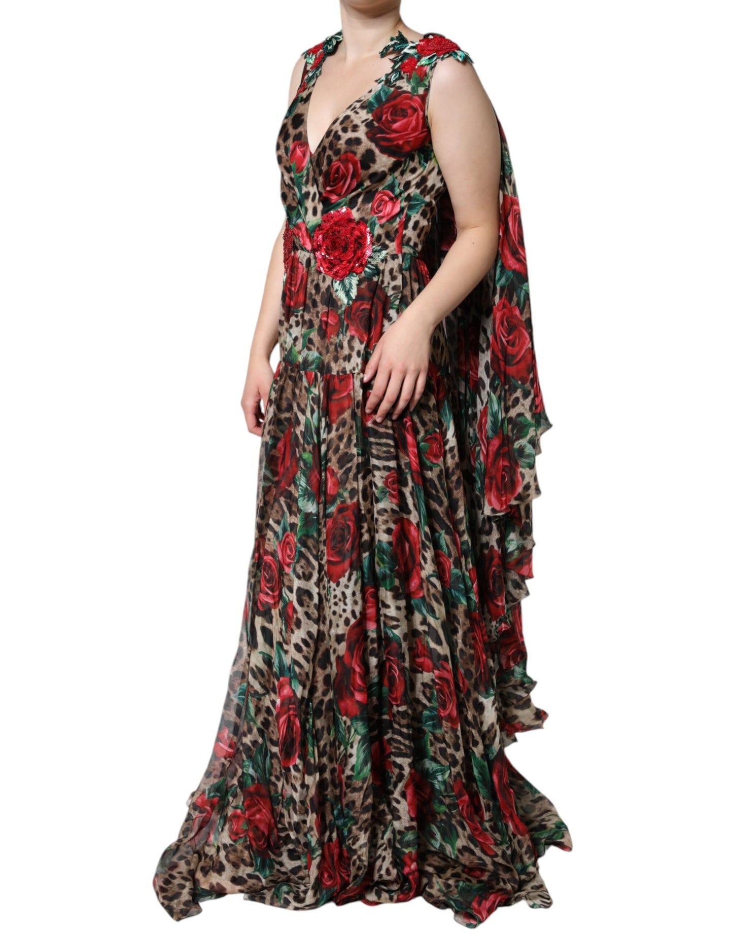 Dolce & Gabbana Brauner Leopard Rote Rosen Langes Seidenkleid