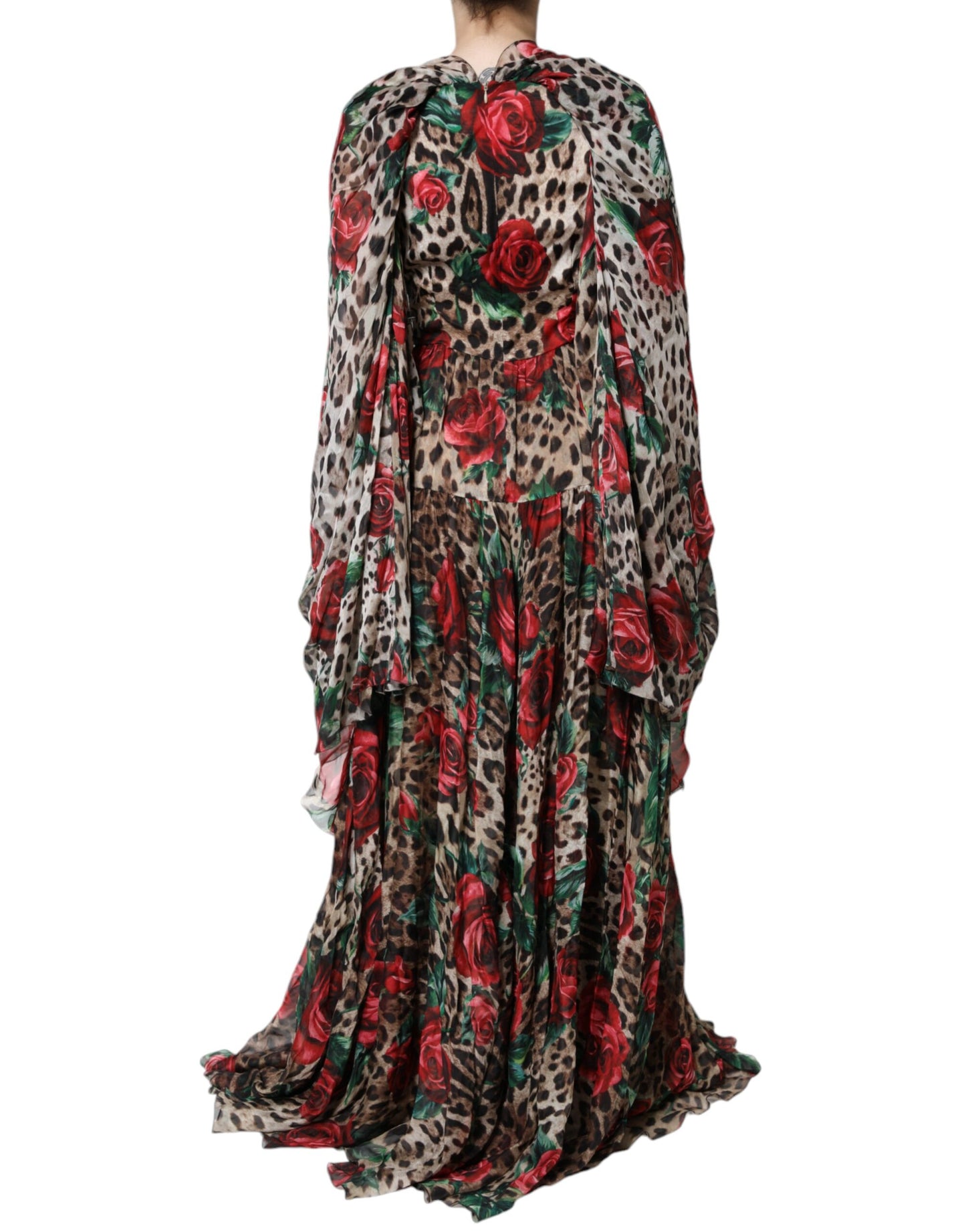 Dolce & Gabbana Brauner Leopard Rote Rosen Langes Seidenkleid