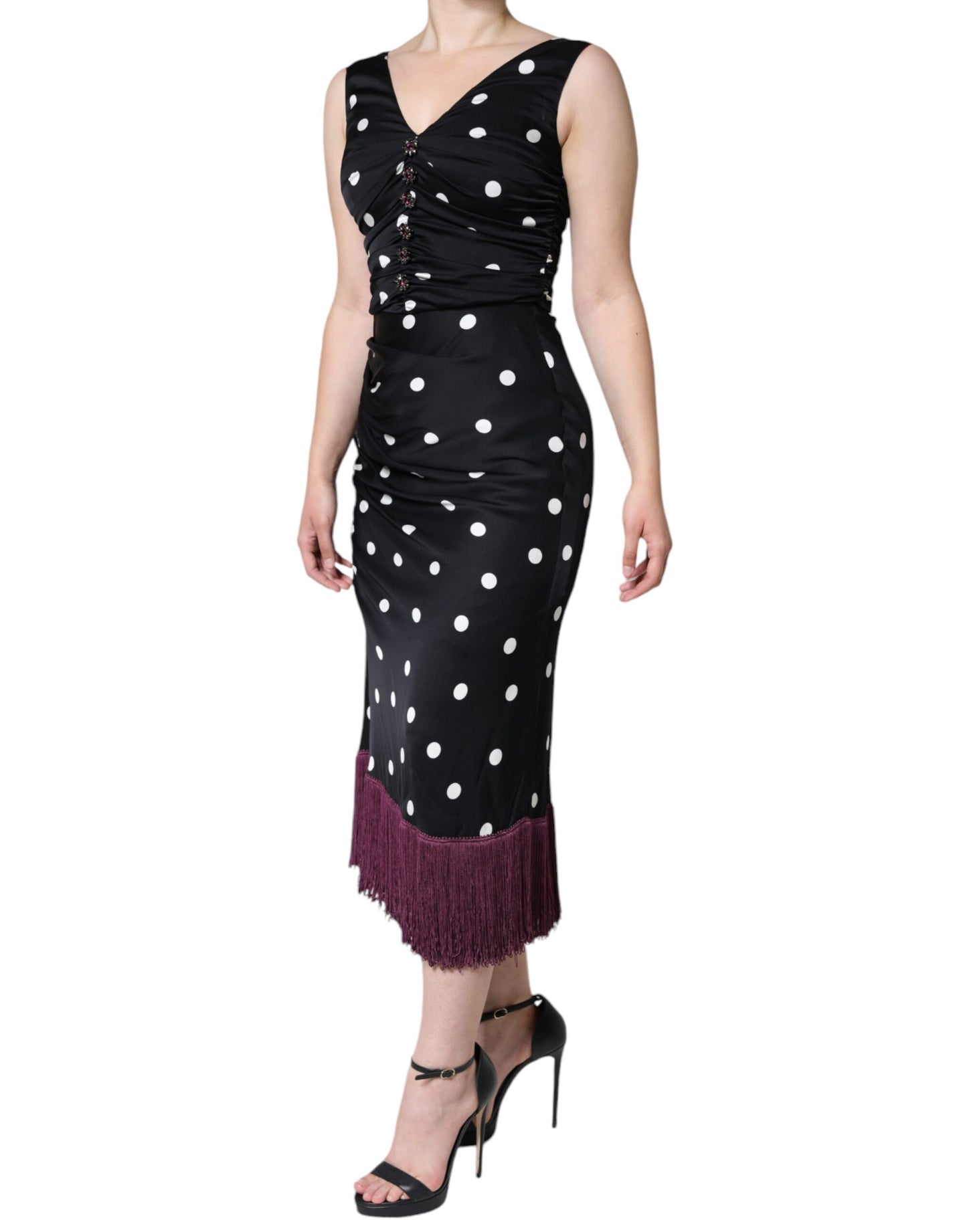 Dolce &amp; Gabbana Black Silk Polka Dot V-pääntie tupsu midi-mekko