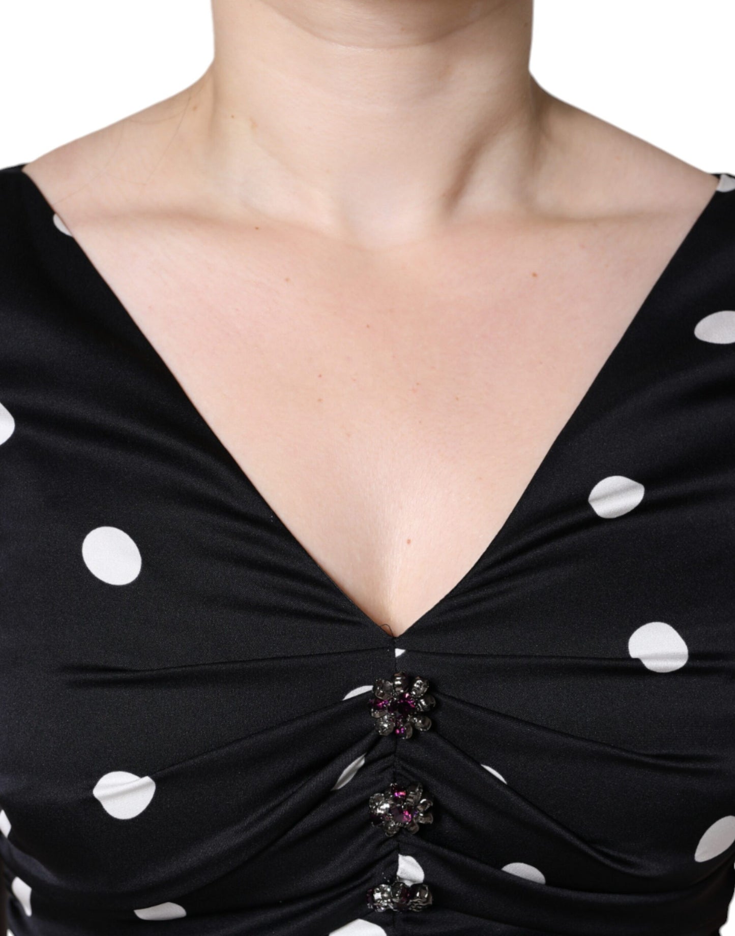 Dolce &amp; Gabbana Black Silk Polka Dot V-pääntie tupsu midi-mekko