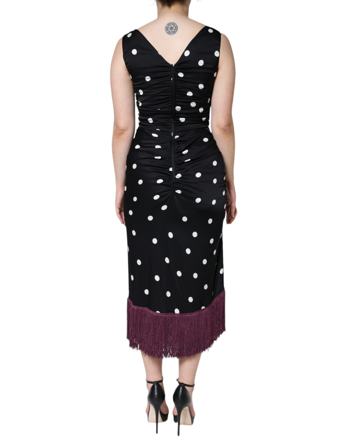 Dolce &amp; Gabbana Black Silk Polka Dot V-pääntie tupsu midi-mekko