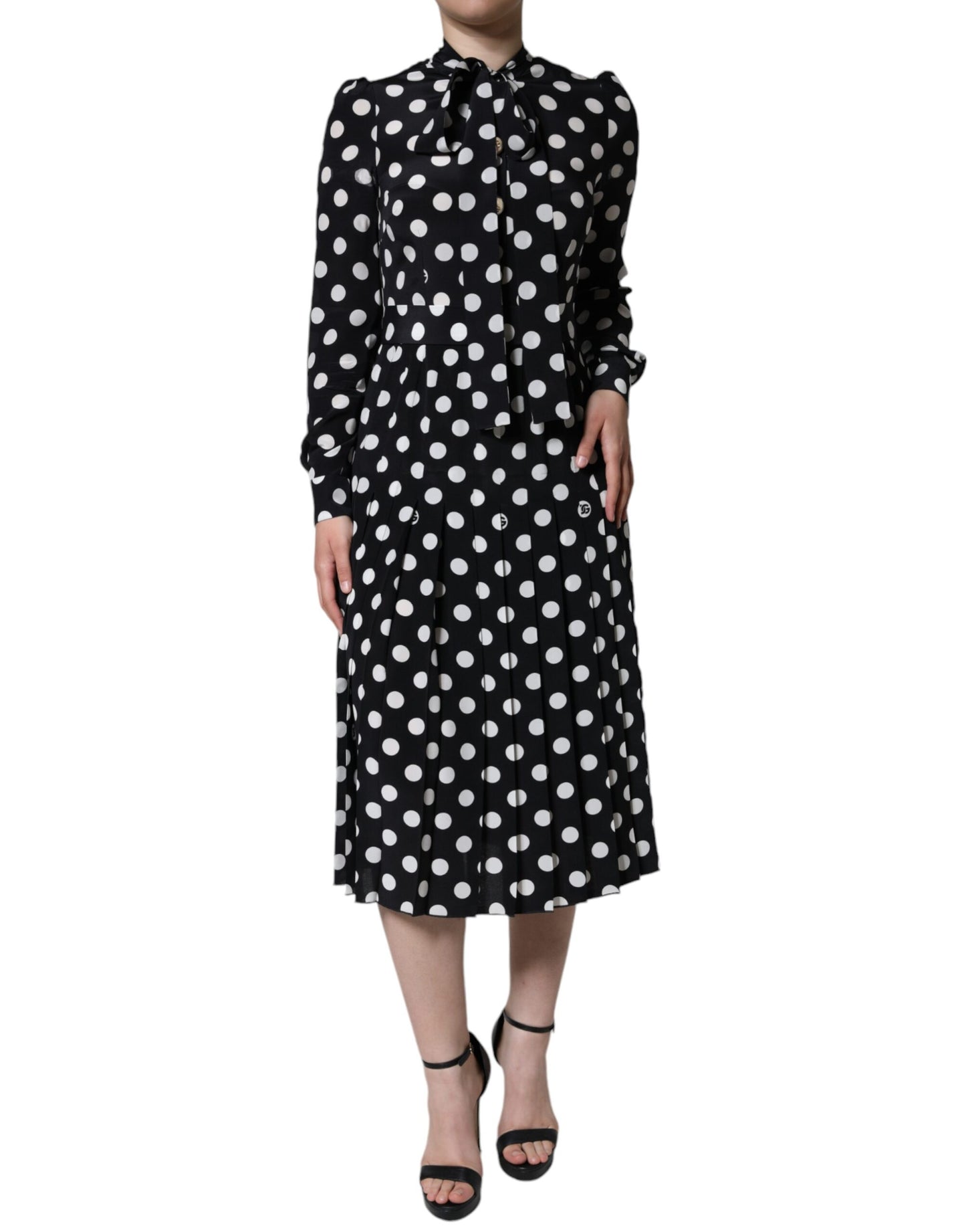 Dolce &amp; Gabbana Black White Polka Dot Ascot Collar Midi Dress