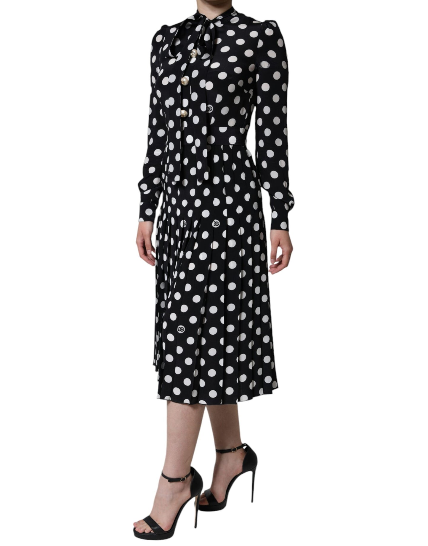 Dolce &amp; Gabbana Black White Polka Dot Ascot Collar Midi Dress