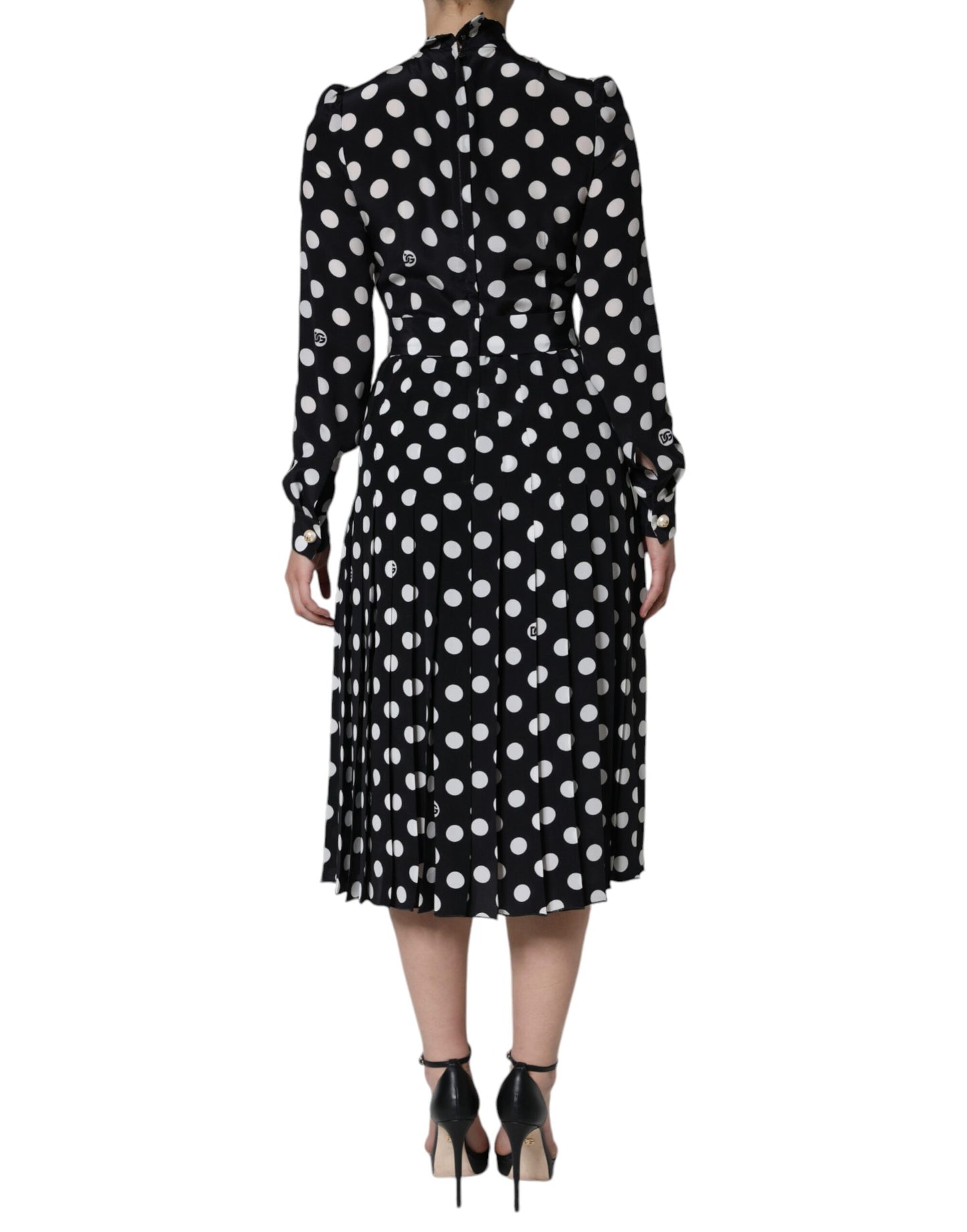 Dolce &amp; Gabbana Black White Polka Dot Ascot Collar Midi Dress