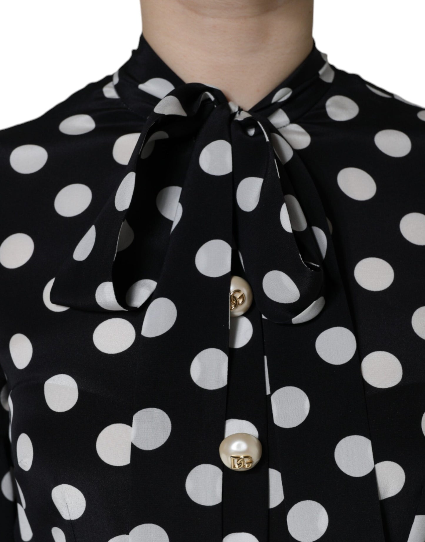 Dolce &amp; Gabbana Black White Polka Dot Ascot Collar Midi Dress