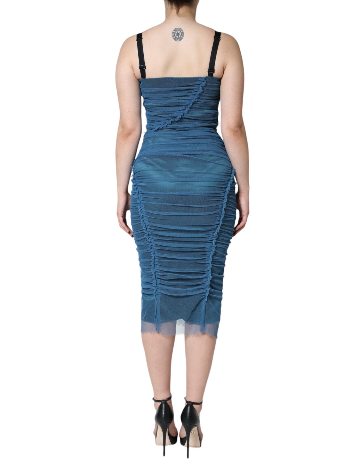 Dolce &amp; Gabbana Blue Mesh Trim Ruched Tulle Sheath Dress