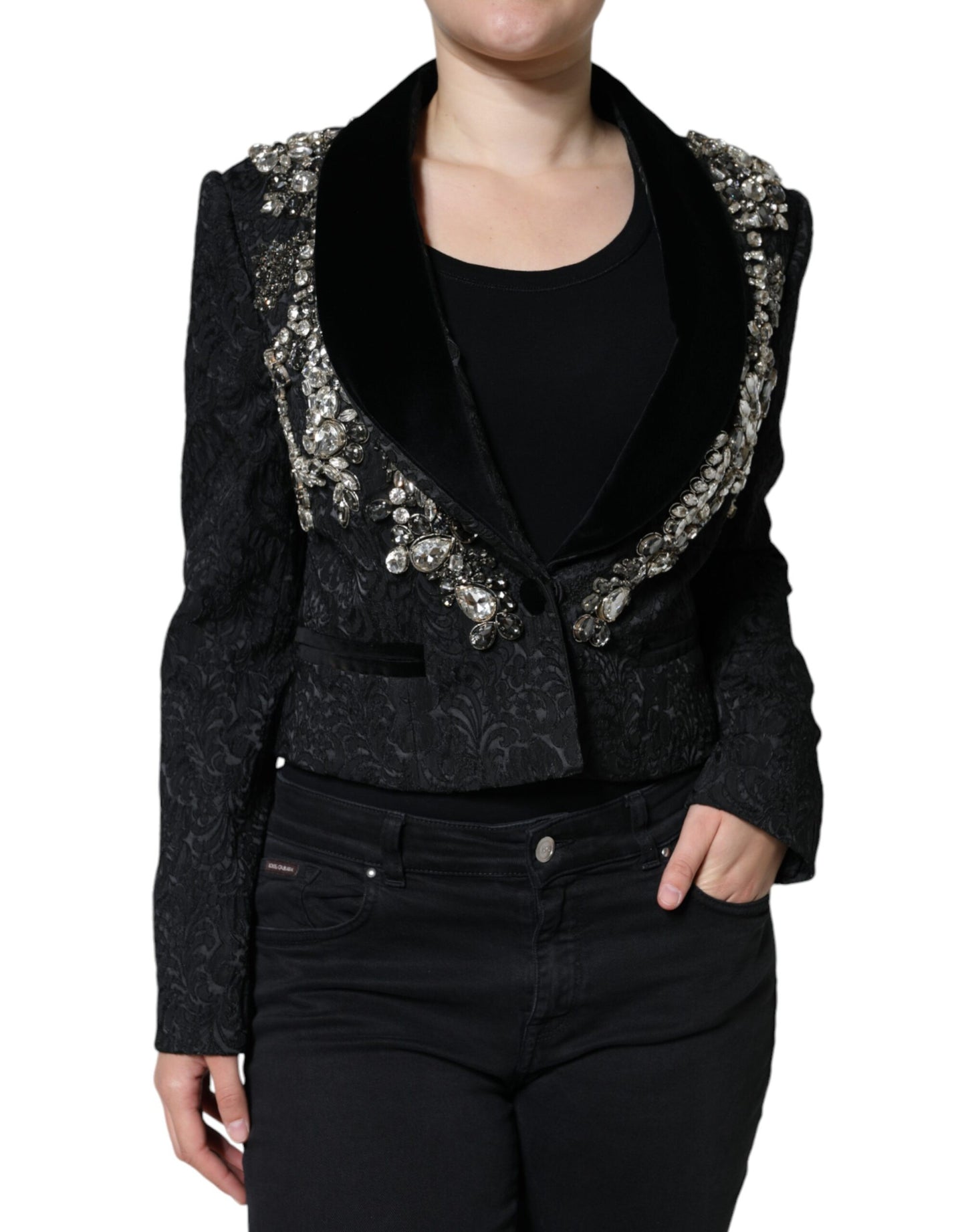 Dolce & Gabbana Schwarzer Jacquard-Kristall-Blumen-Jacke Blazer