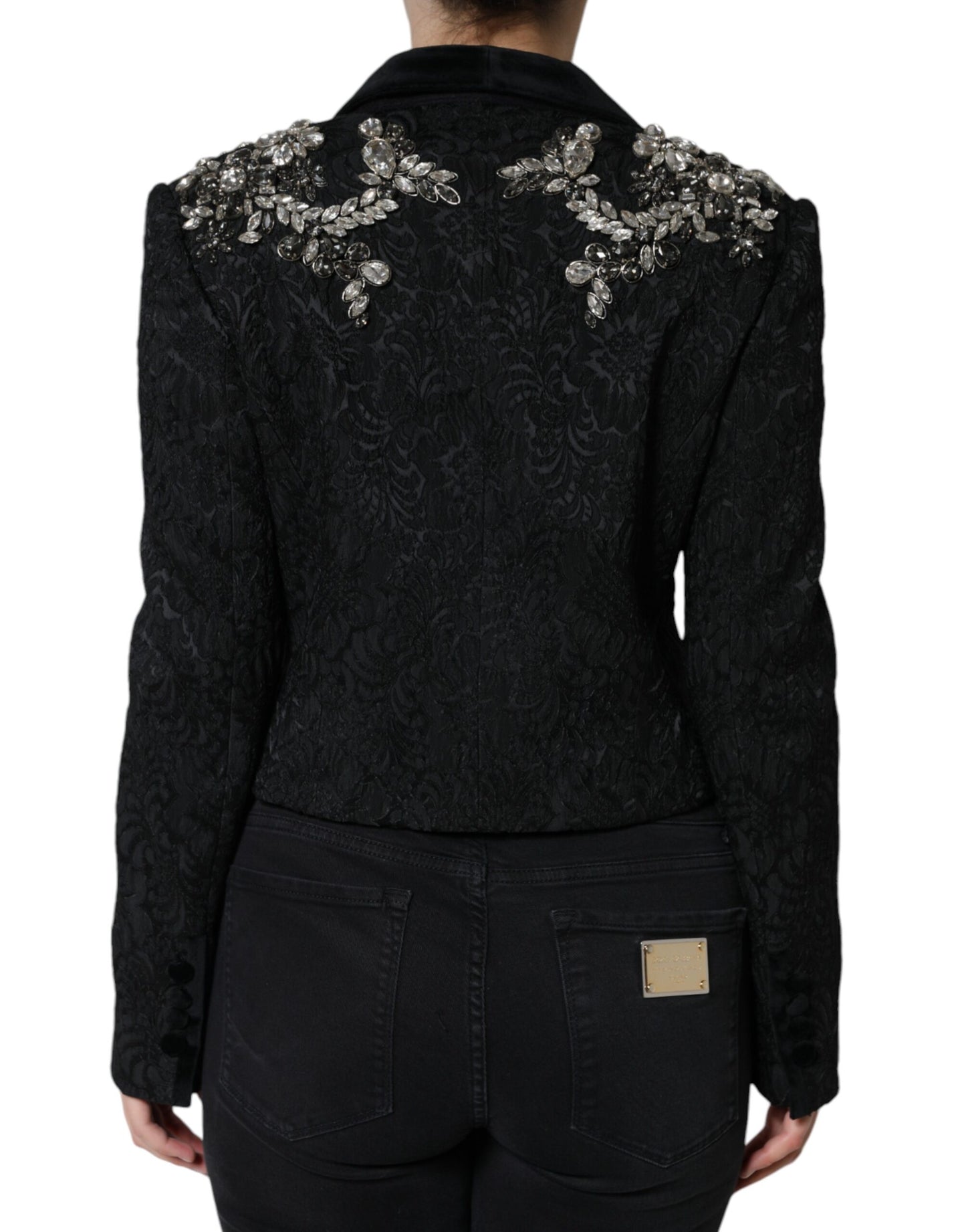 Dolce & Gabbana Schwarzer Jacquard-Kristall-Blumen-Jacke Blazer