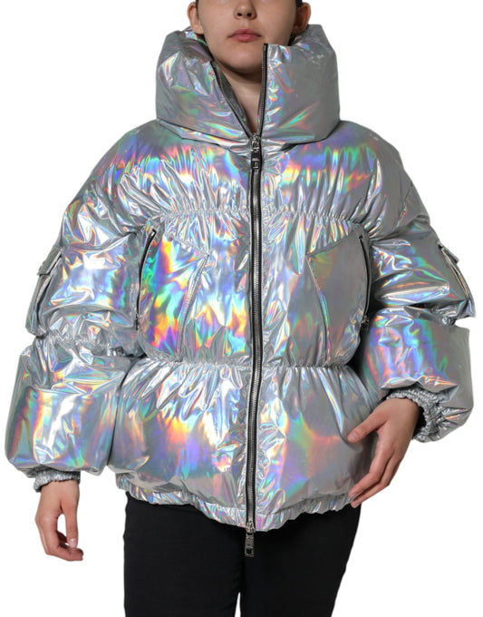 Dolce &amp; Gabbana Silver Iridescent Puffer Full Zip Coat -takki