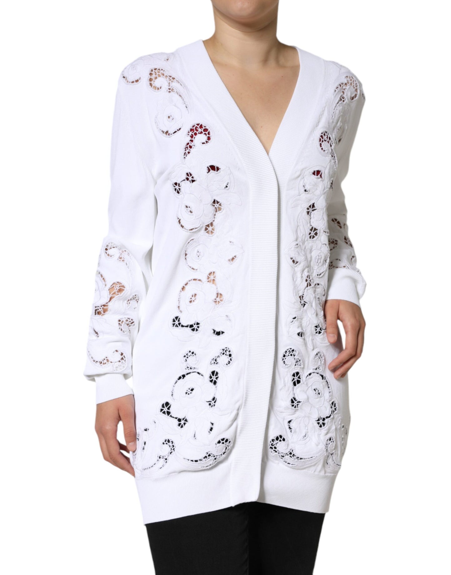 Dolce &amp; Gabbana White Viscose Floral Cut Out Cardigan Sweater