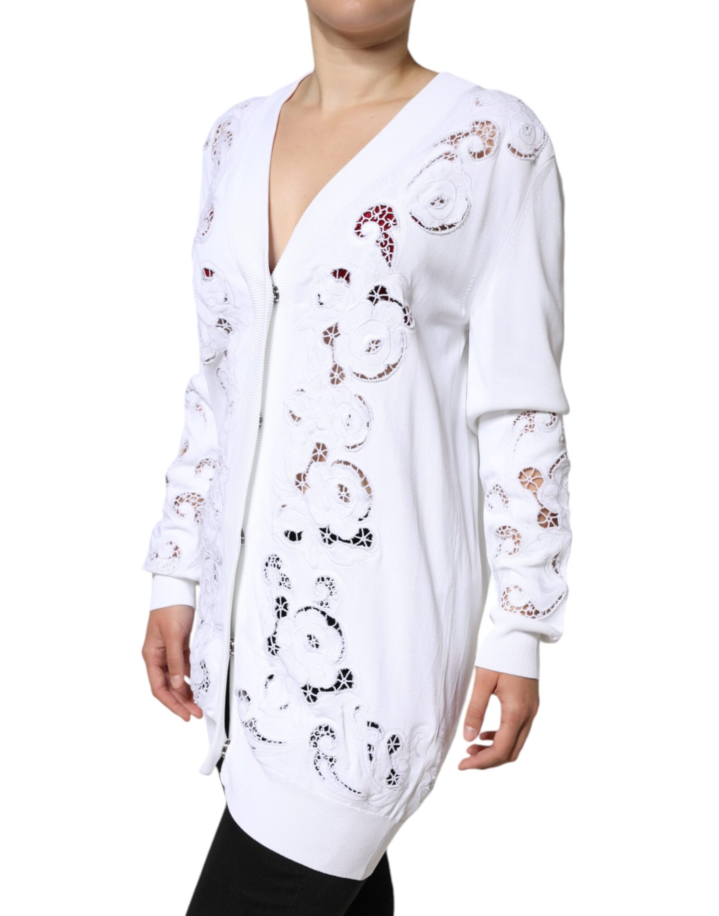 Dolce &amp; Gabbana White Viscose Floral Cut Out Cardigan Sweater