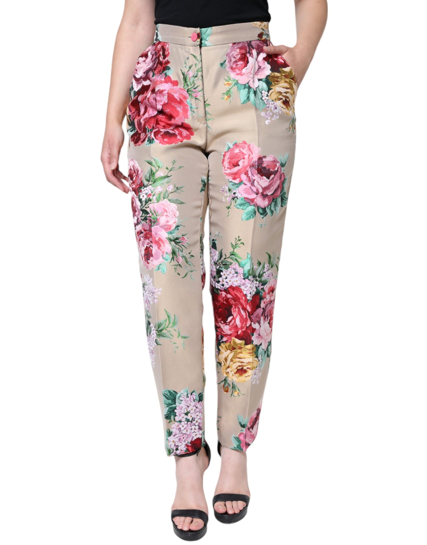 Dolce & Gabbana Beigefarbene Jacquard-Hose mit hoher Taille und konisch zulaufender Hose mit Blumenmuster