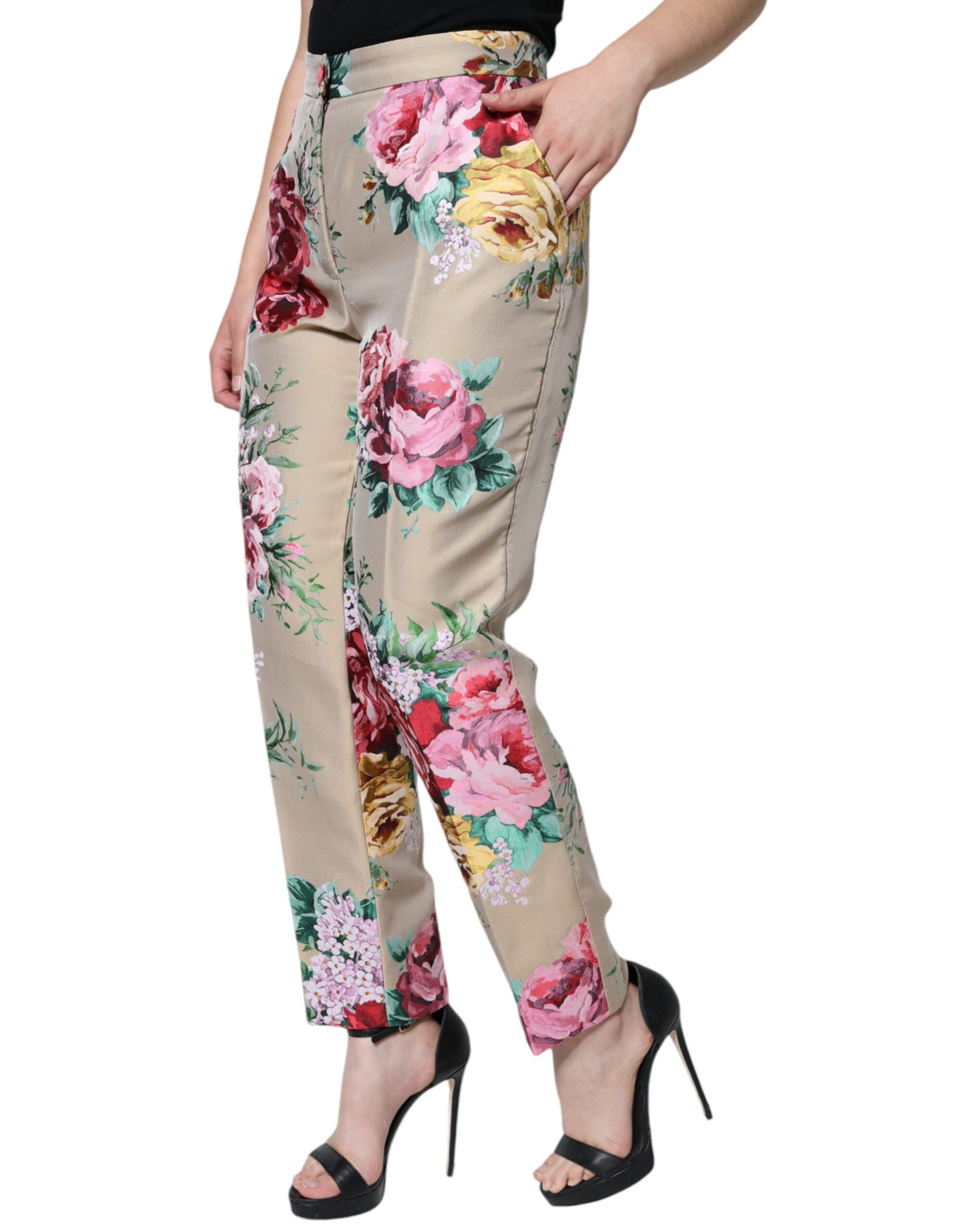 Dolce & Gabbana Beigefarbene Jacquard-Hose mit hoher Taille und konisch zulaufender Hose mit Blumenmuster