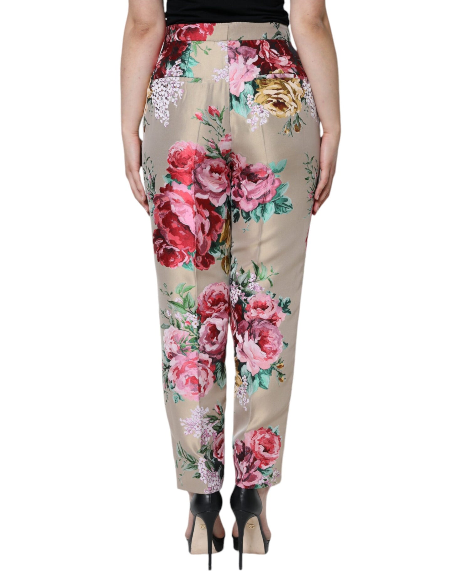 Dolce & Gabbana Beigefarbene Jacquard-Hose mit hoher Taille und konisch zulaufender Hose mit Blumenmuster