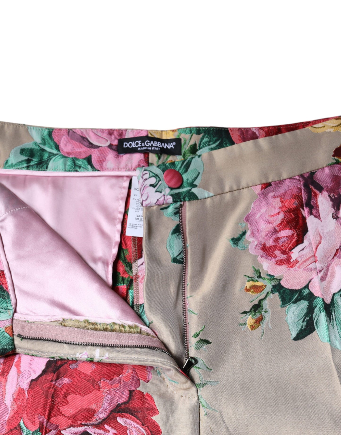 Dolce & Gabbana Beigefarbene Jacquard-Hose mit hoher Taille und konisch zulaufender Hose mit Blumenmuster