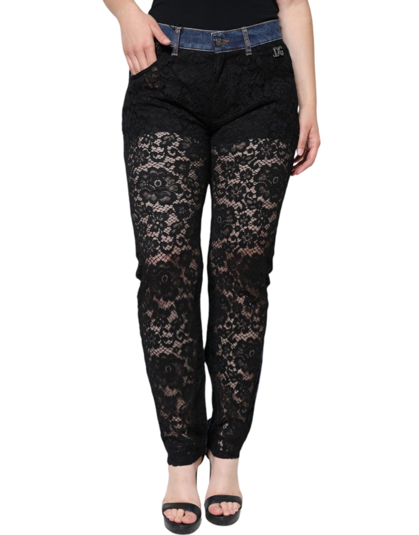 Dolce & Gabbana Schwarze florale Skinny Denim Jeans mit Spitze