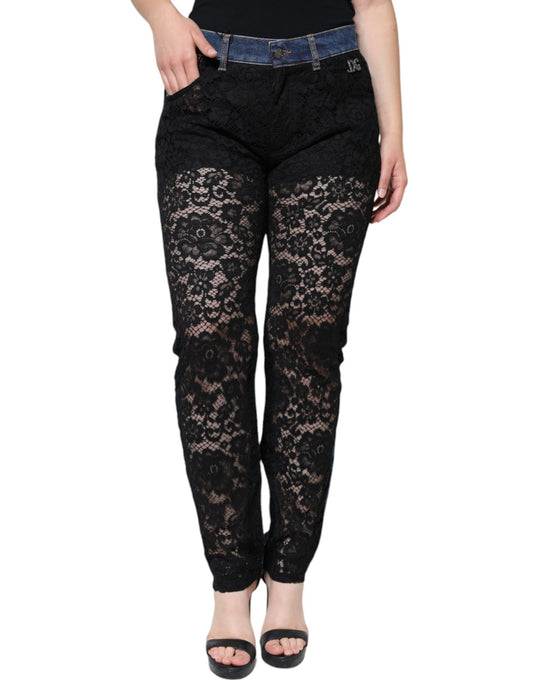 Dolce & Gabbana Schwarze florale Skinny Denim Jeans mit Spitze