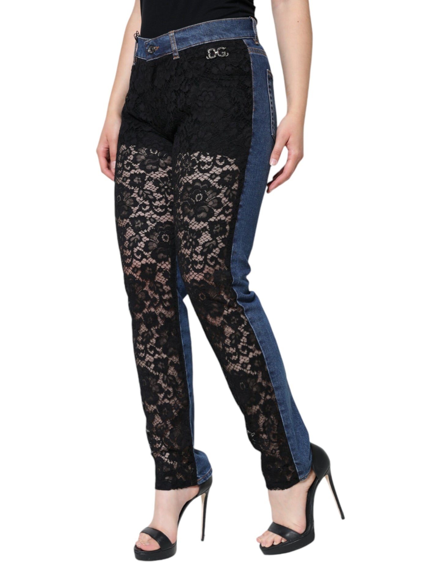 Dolce & Gabbana Schwarze florale Skinny Denim Jeans mit Spitze