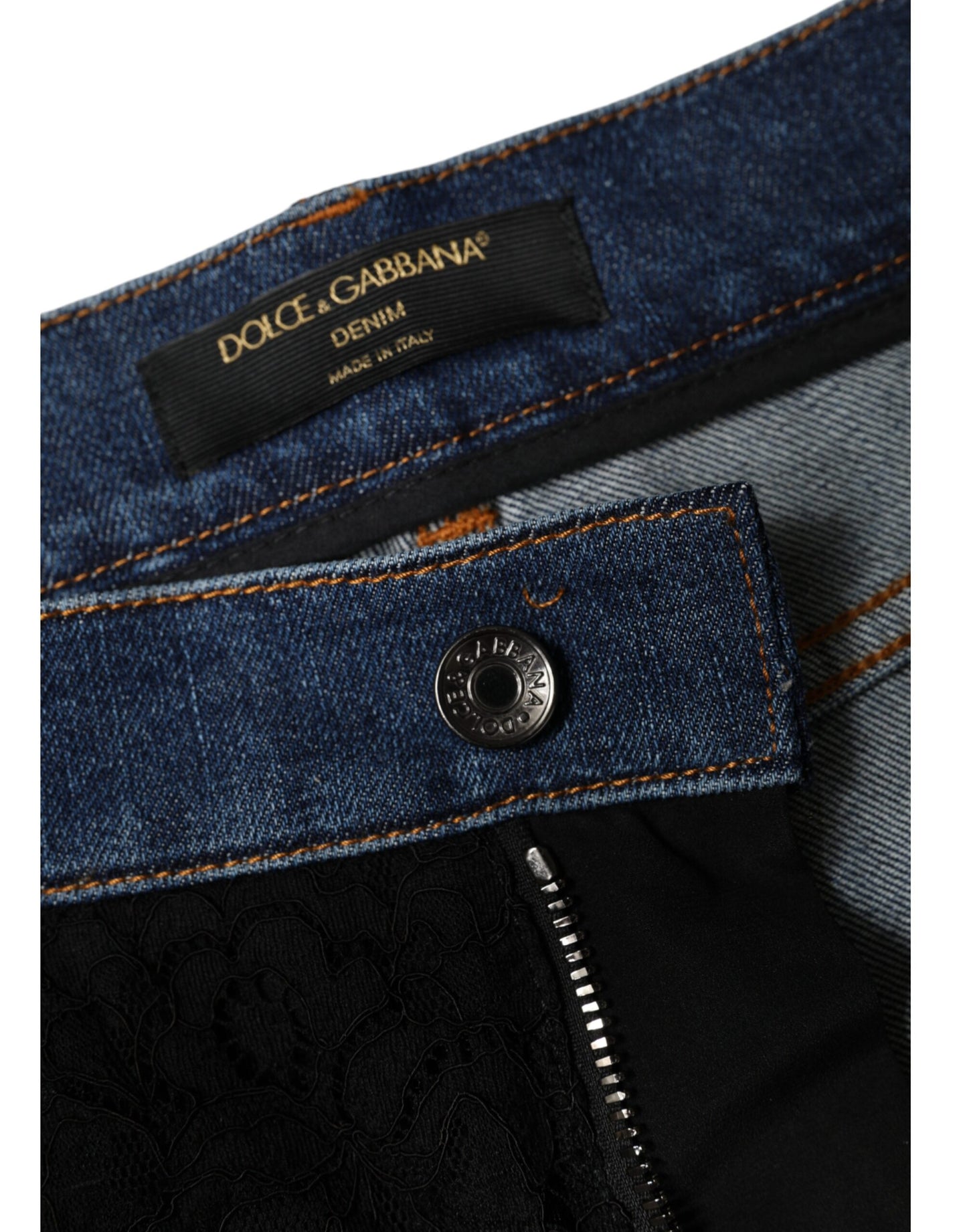 Dolce & Gabbana Schwarze florale Skinny Denim Jeans mit Spitze