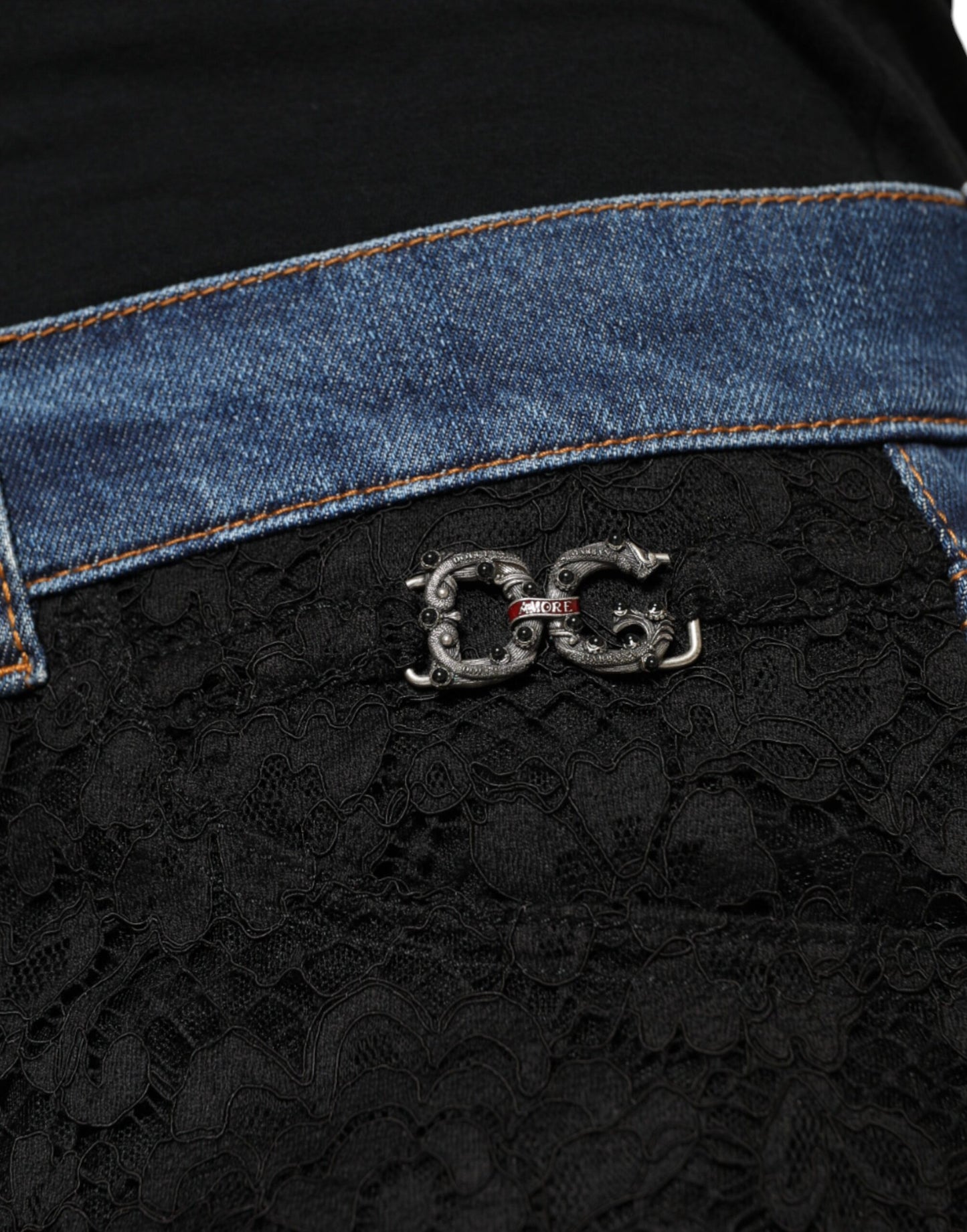 Dolce & Gabbana Schwarze florale Skinny Denim Jeans mit Spitze