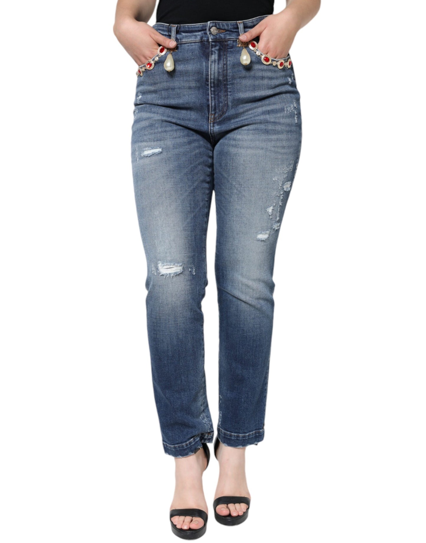 Dolce & Gabbana Dunkelblaue zerfledderte Skinny Denim Jeans aus Baumwolle