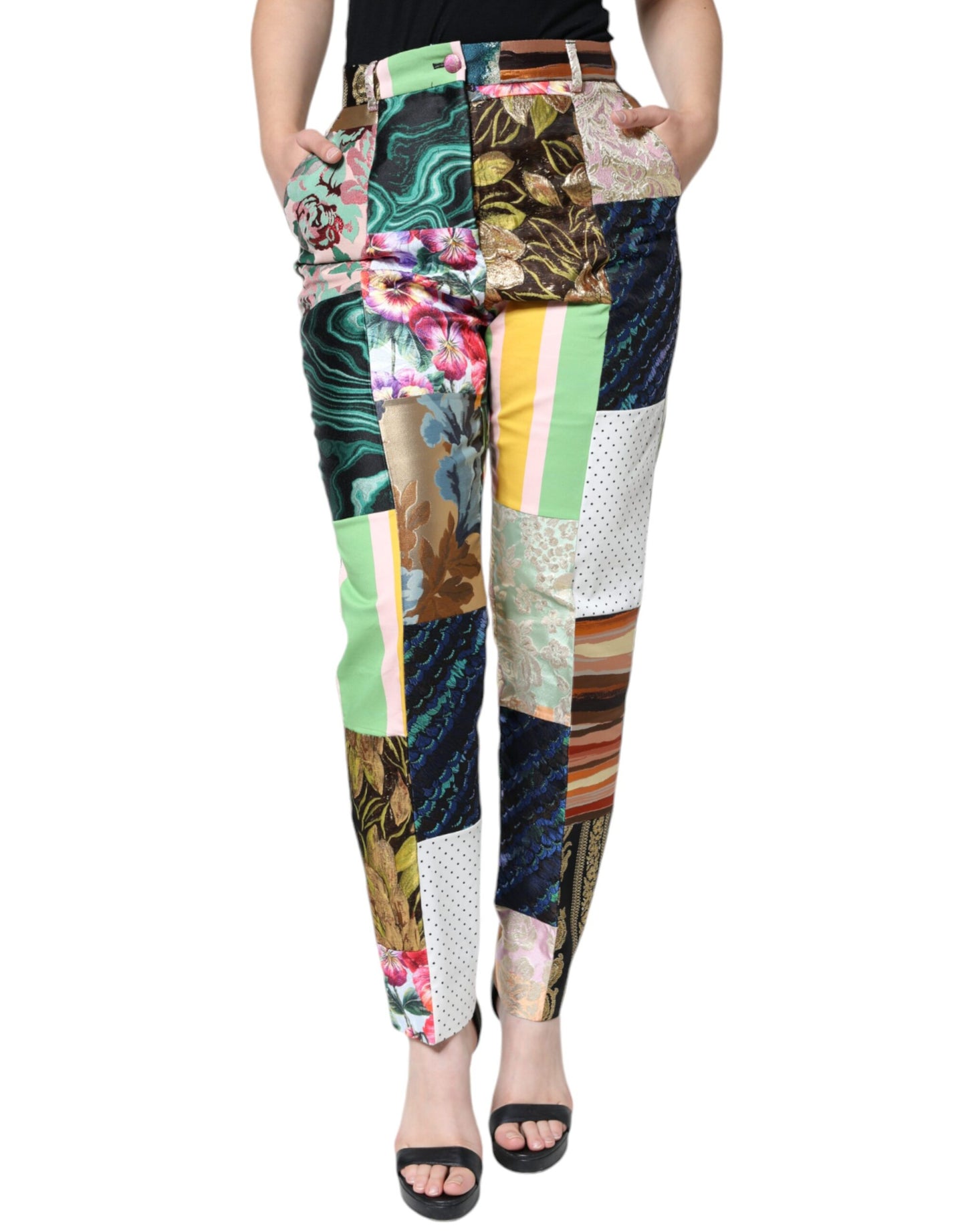 Dolce & Gabbana Multicolor Patchwork Jacquard Hose mit hoher Taille