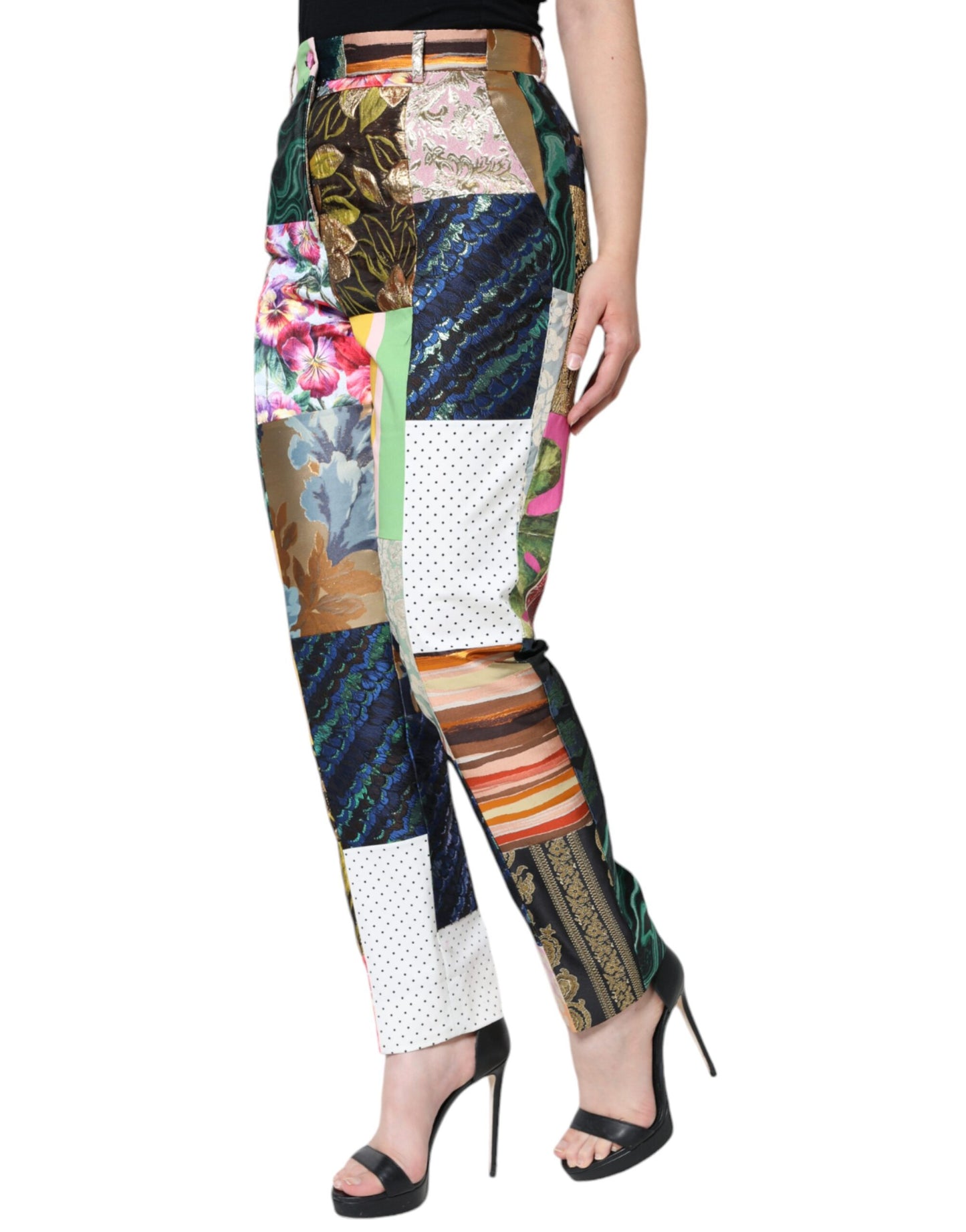 Dolce & Gabbana Multicolor Patchwork Jacquard Hose mit hoher Taille