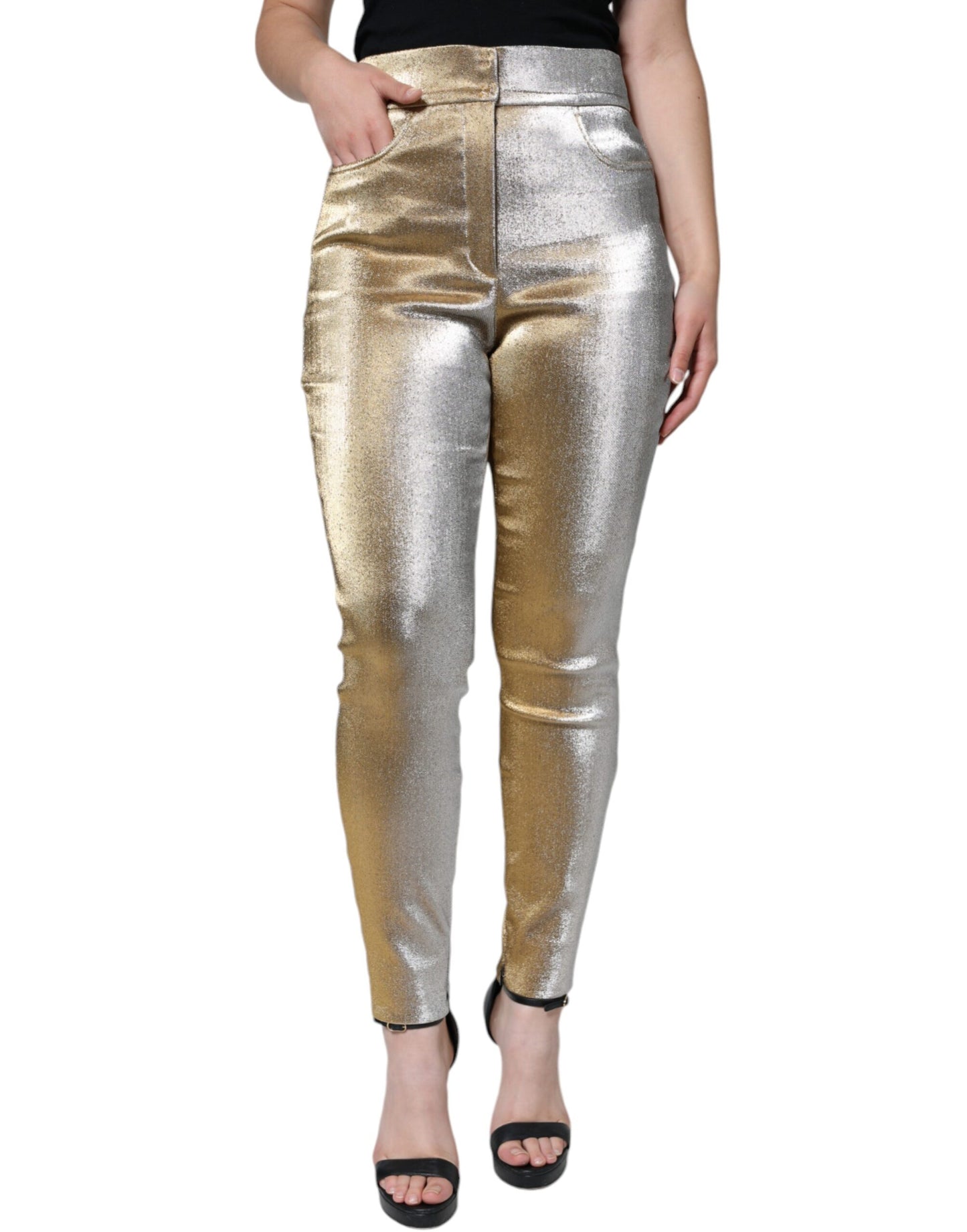 Dolce & Gabbana Metallische Skinny-Hose mit hoher Taille in Gold