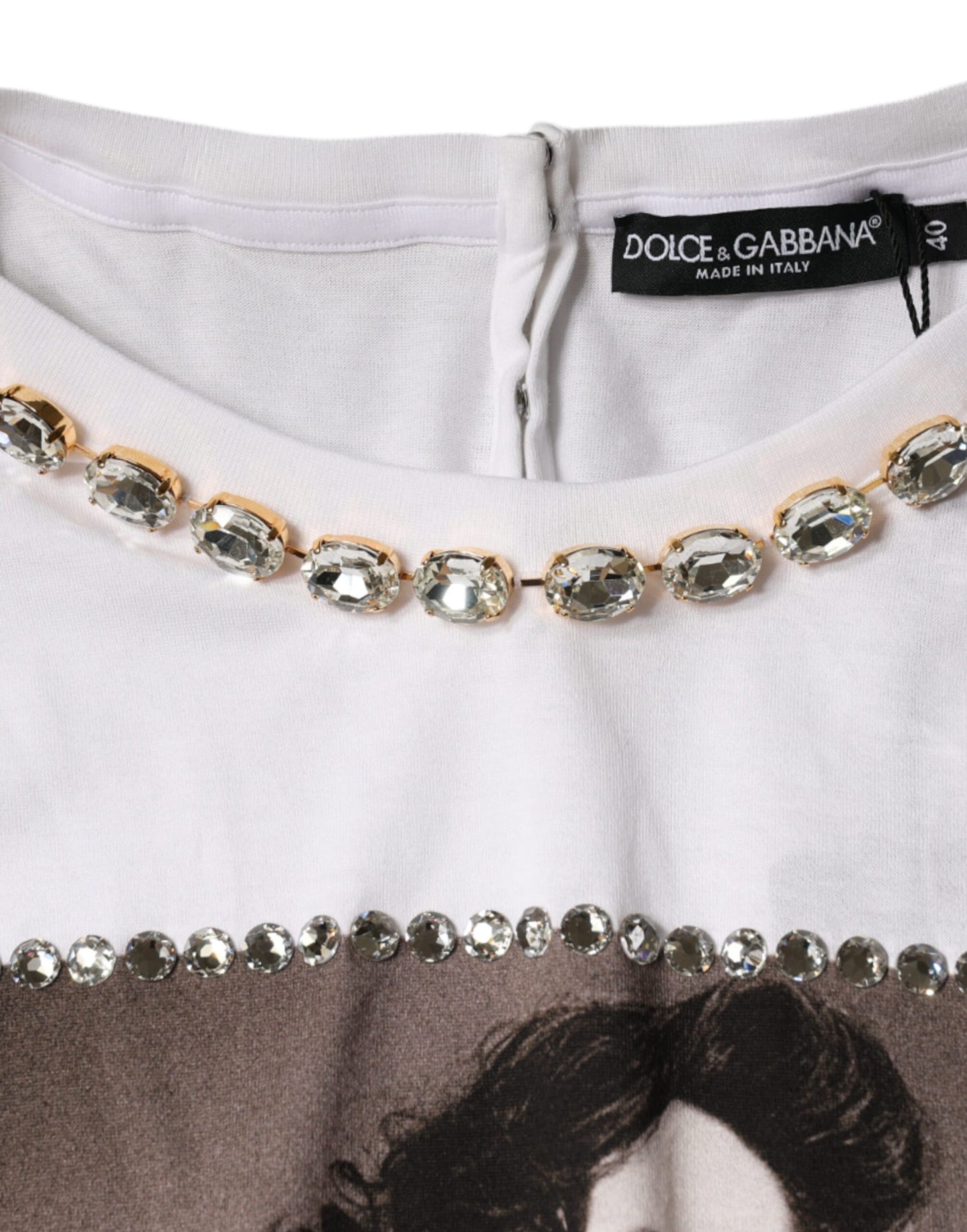 Dolce & Gabbana Weißes T-Shirt mit bedrucktem Kristallausschnitt