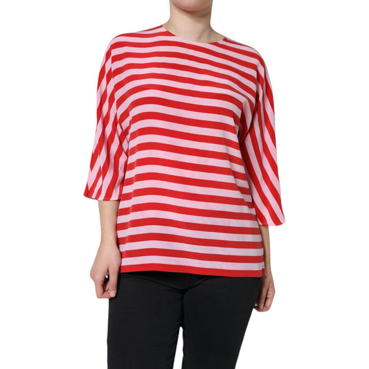 Dolce &amp; Gabbana White Red Striped Silk Round Neck T-shirt