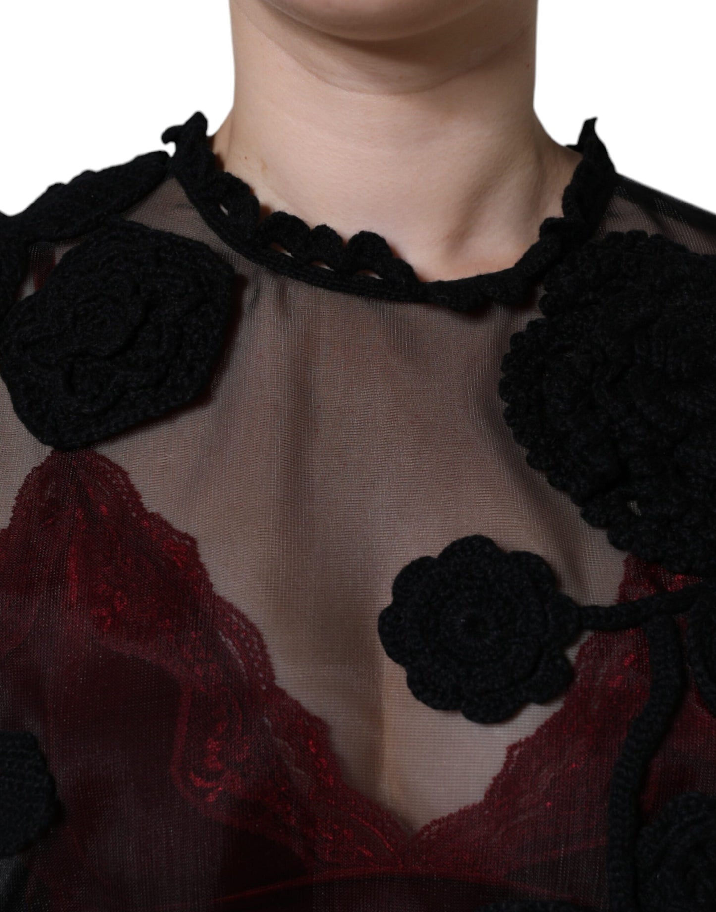 Dolce & Gabbana Schwarze Bluse aus transparentem Nylon-Netz mit Blumenmuster