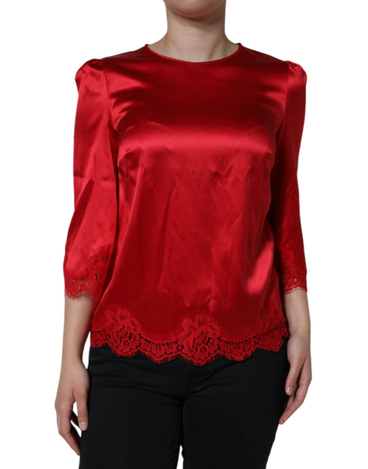 Dolce &amp; Gabbana Red Satin Lace Rem Pyöreäpääntiepuseropusero