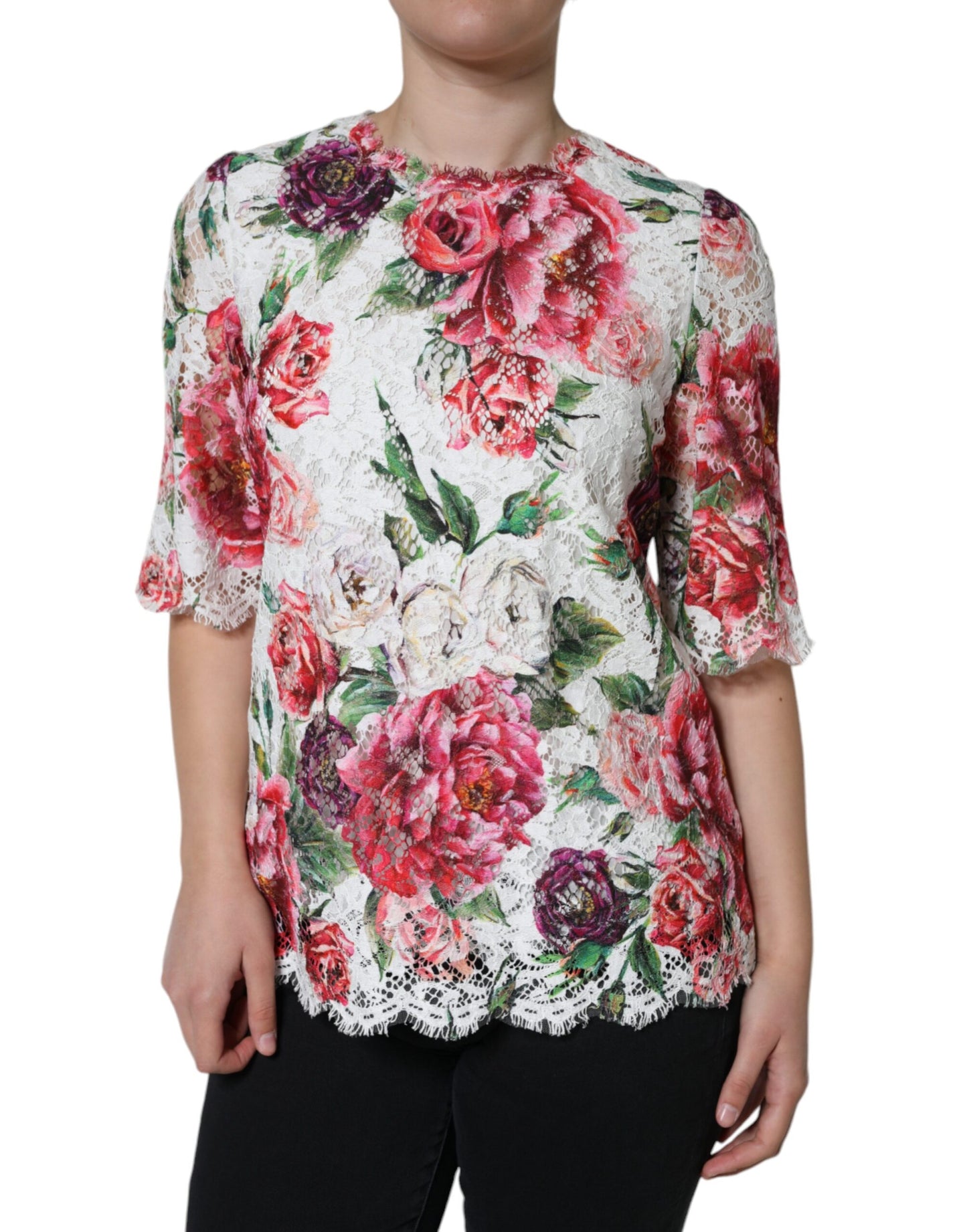 Dolce & Gabbana Weißes Pfingstrose Spitze kurze Ärmel Bluse Top