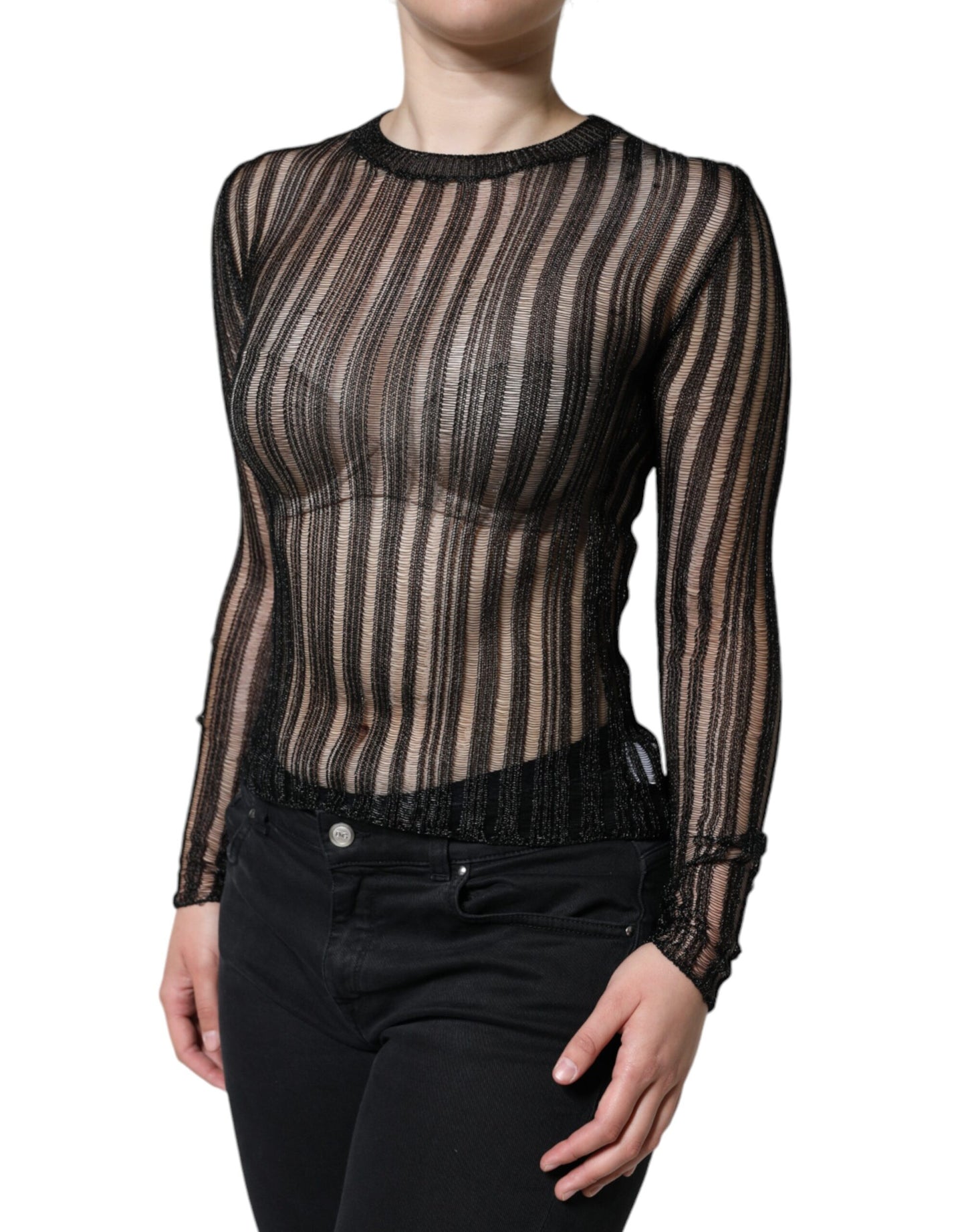 Dolce & Gabbana Schwarz gestreiftes See-Through-Top mit langen Ärmeln