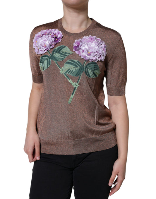 Dolce &amp; Gabbana Brown Floral Applique Viscose Short Sleeve Top